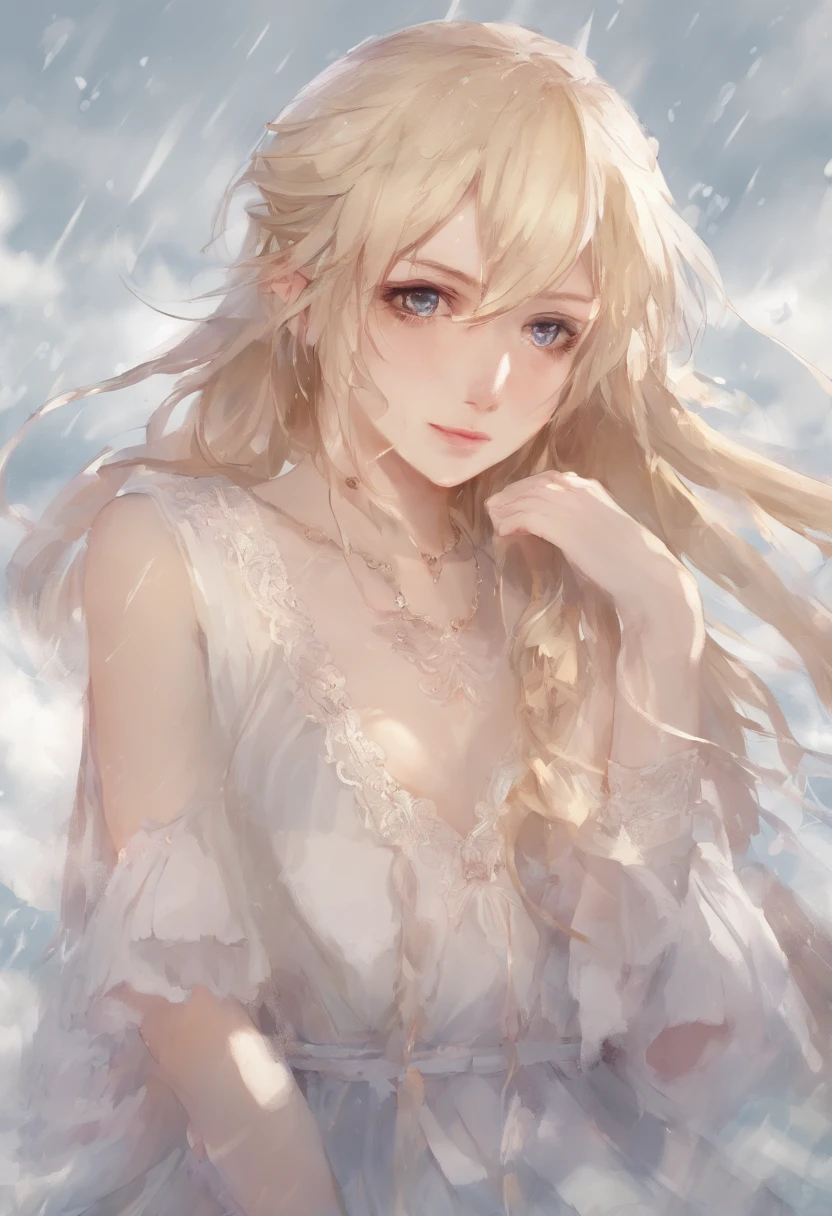 Sad girl,cry,darkness,Rain sky,。.。.。.。.。.。.。.。.。.。.。.。.。.。.。.。.。.。.。.3D,Upscale,hard disk,Blonde short,is crying,with his back turned