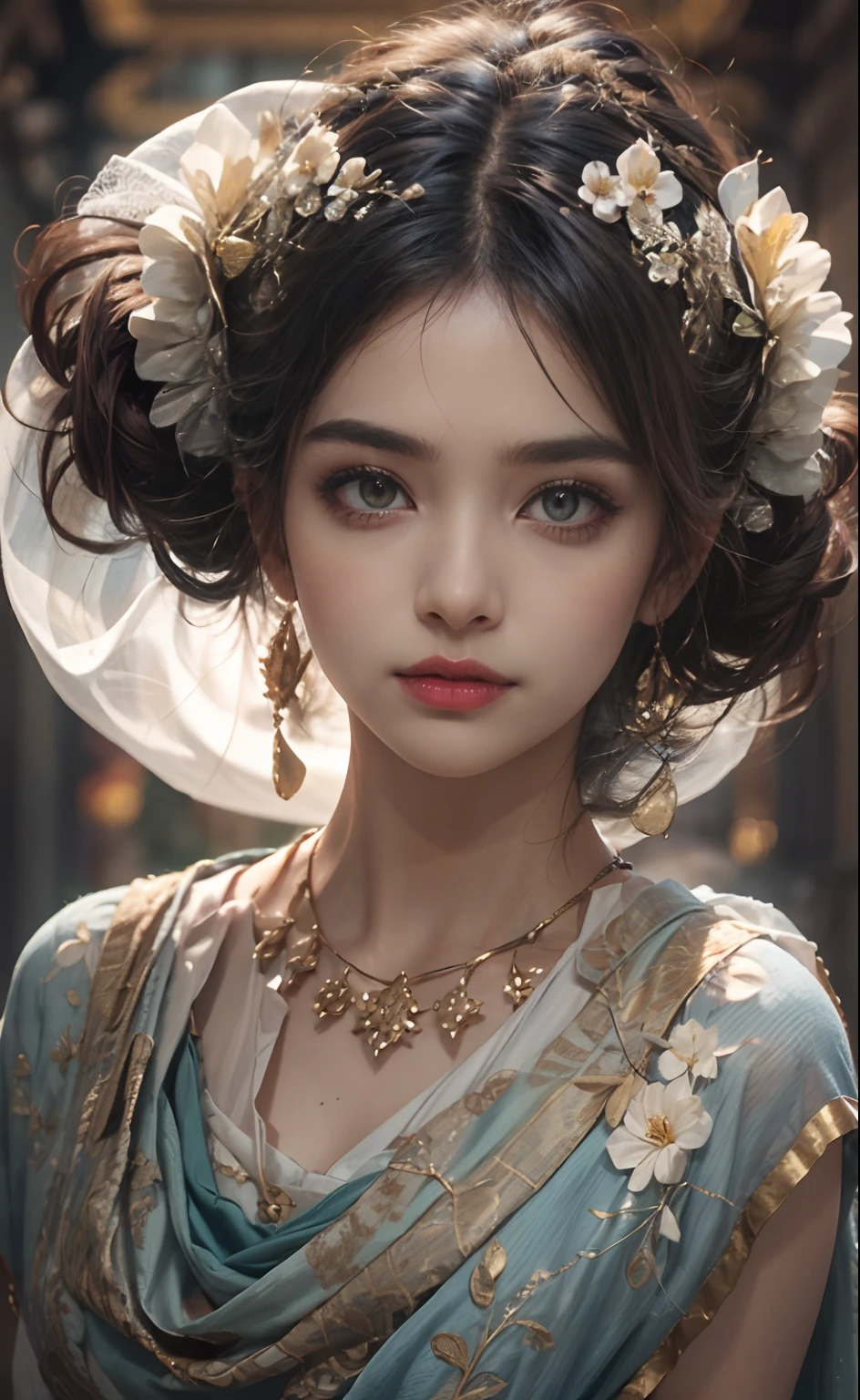 Walk through the moonlit courtyard, Exotic girl, Indian, Looking at the viewer, glistning skin, Perfect Lighting, The embodiment of elegance and elegance, (Sally covering the whole body), (shawls), (Floral hair ornament), clear curvy details, beautiful curves, Detailed eyes, Detailed pupil, ultra-detailliert, Unity 8k壁纸, ultra-detailliert, Aesthetic, masutepiece, Best Quality, Photorealistic