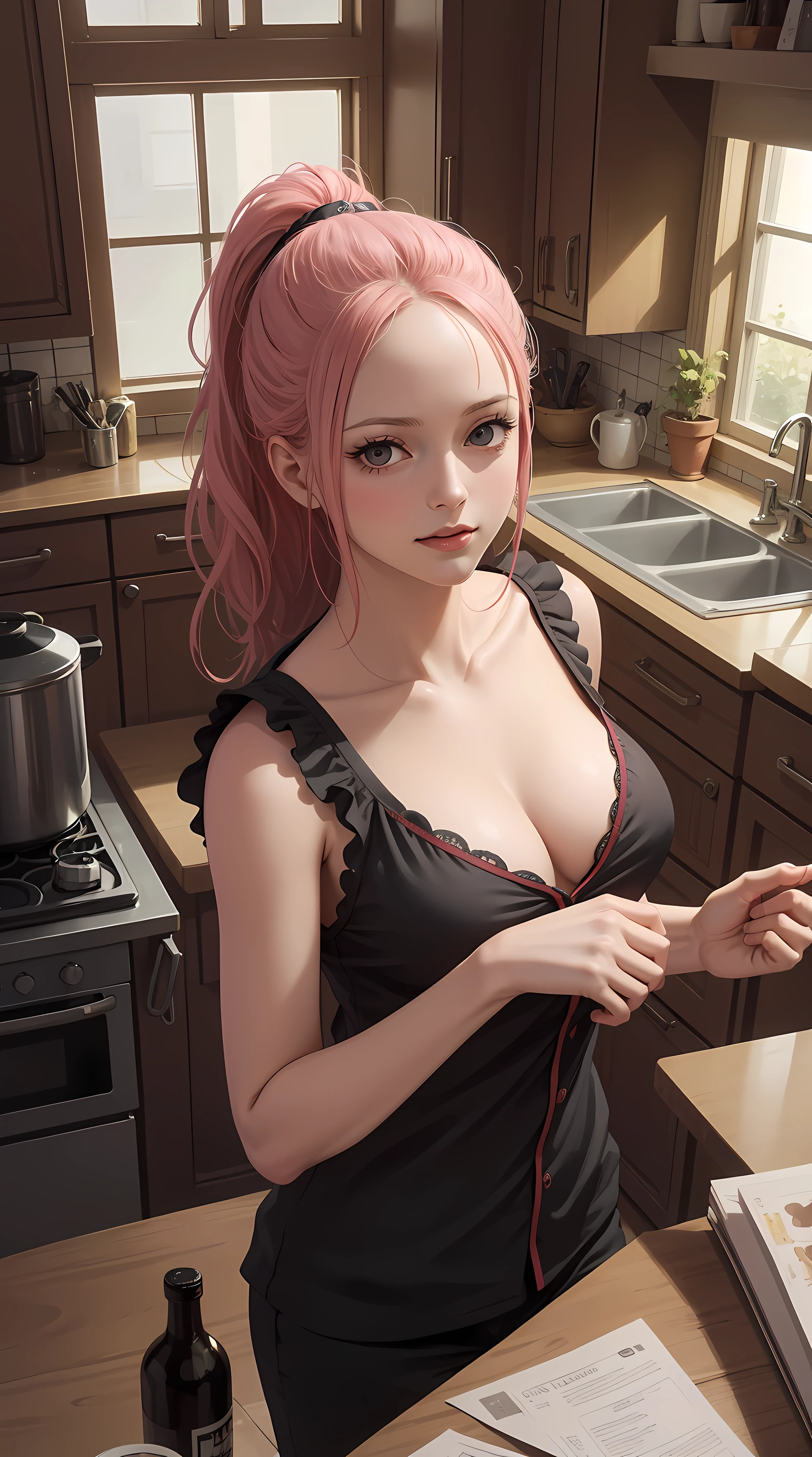 rebecca from one piece anime, long hair, pink hair, ponytail, ponytail, beautiful, beautiful woman, perfect body, perfect breasts, wearing black pajamas, pajamas, sleepwear, in the kitchen, clear kitchen, looking at the viewer, a slight smile , realism, masterpiece, textured skin, super detail, high detail, high quality, best quality, 1080p, 16k