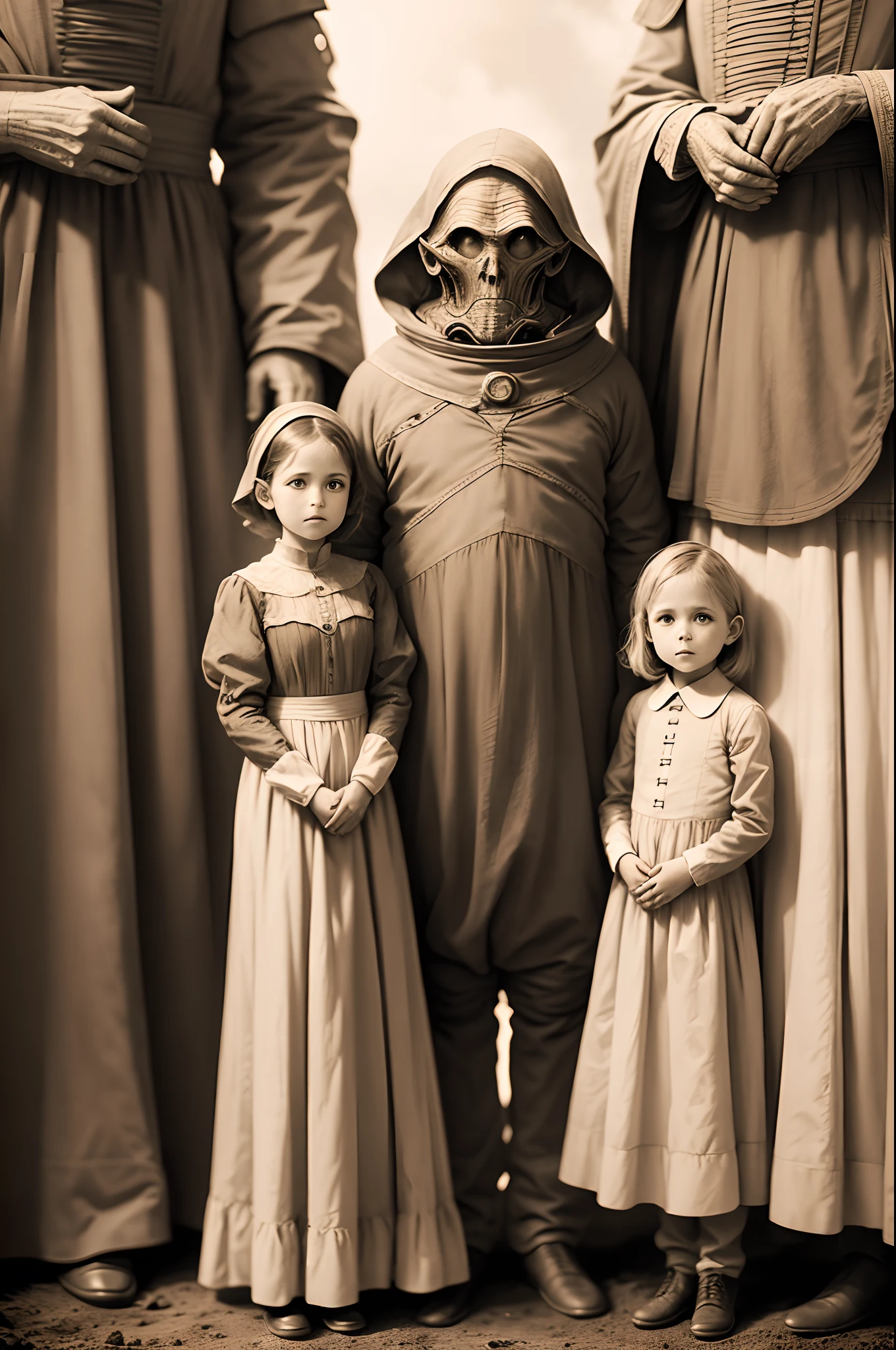 giant alien monsters! in the background of old family (mother, father and 2 kids) group photos on the moon, family standing in a row facing the camera, sepia toned images, old Daguerreotypes styled, full length shot, wide angled shot