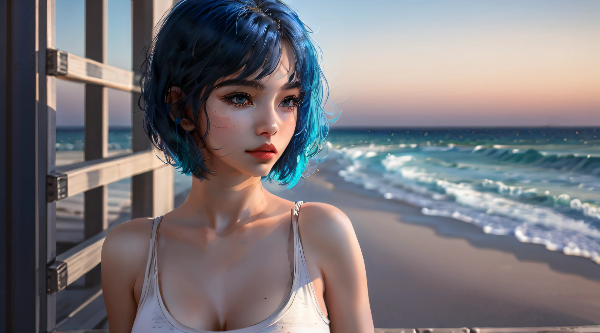 beautiful girl looking at the horizon, perfect body, big breasts, blue hair, wearing tank top, fair skin, short hair, northern sky.