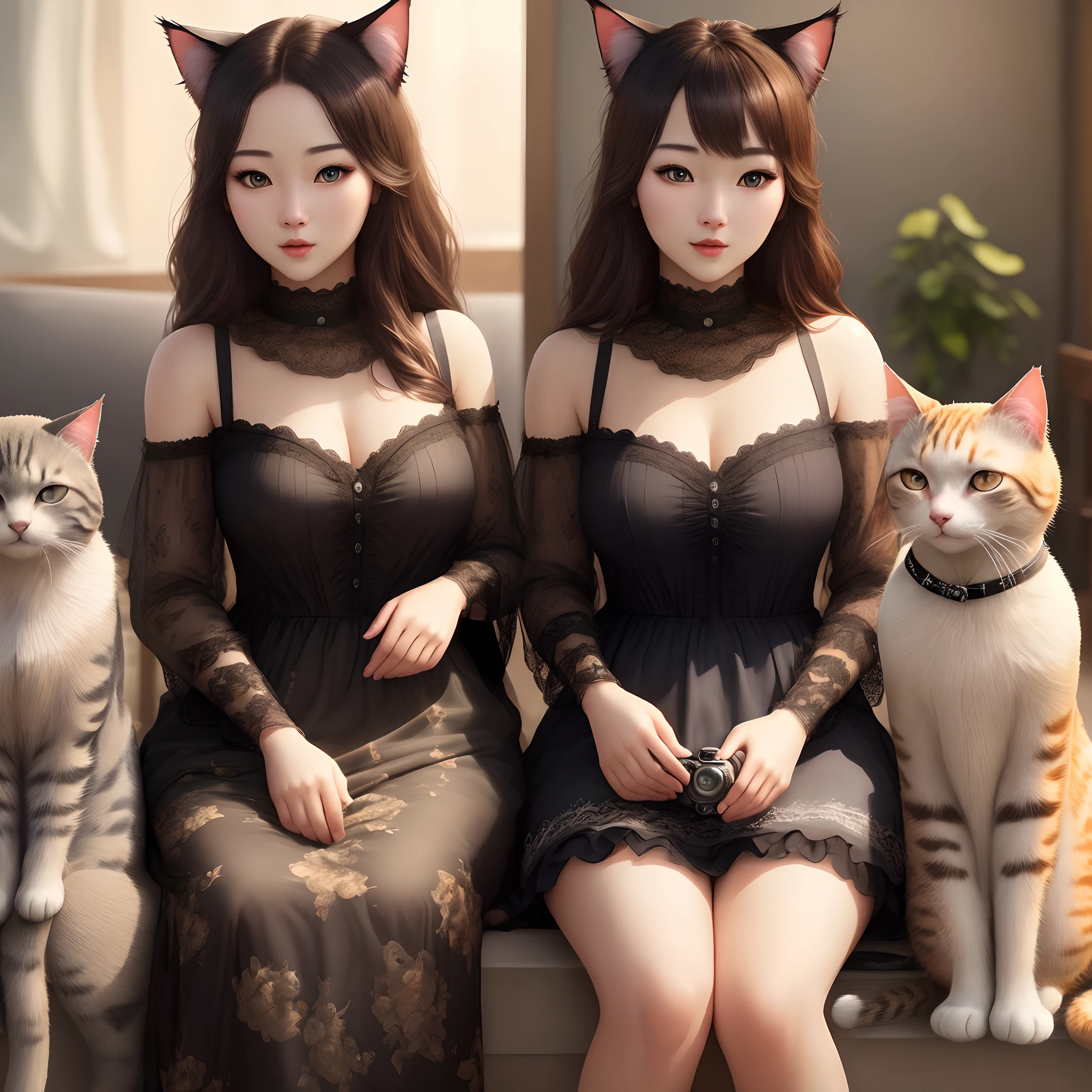 (Real Cats)、8k、beautiful Girl、Adorable outfits、Less exposure 、Playing well、Detailed as a photo、(((A hyper-realistic)))