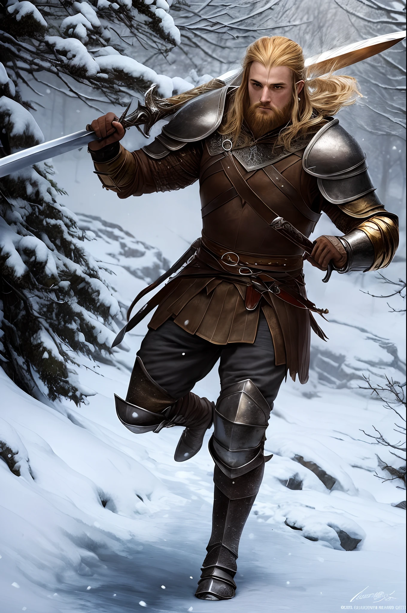 long golden haired warrior in leather armor swinging his greatsword in the snow, lotr art style