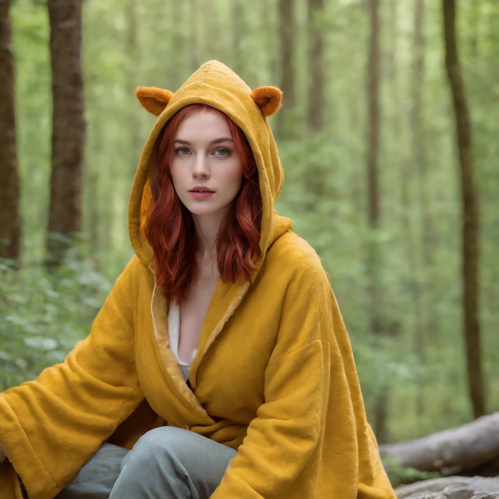 8k, Best Quality, (Realistic Photos:1.4), RAW photo, 1girl, Red hair, animal ears, Blue hooded robe, protruding ears;, posing: Sitting on a rock in a forest river, Yellow eyes, -