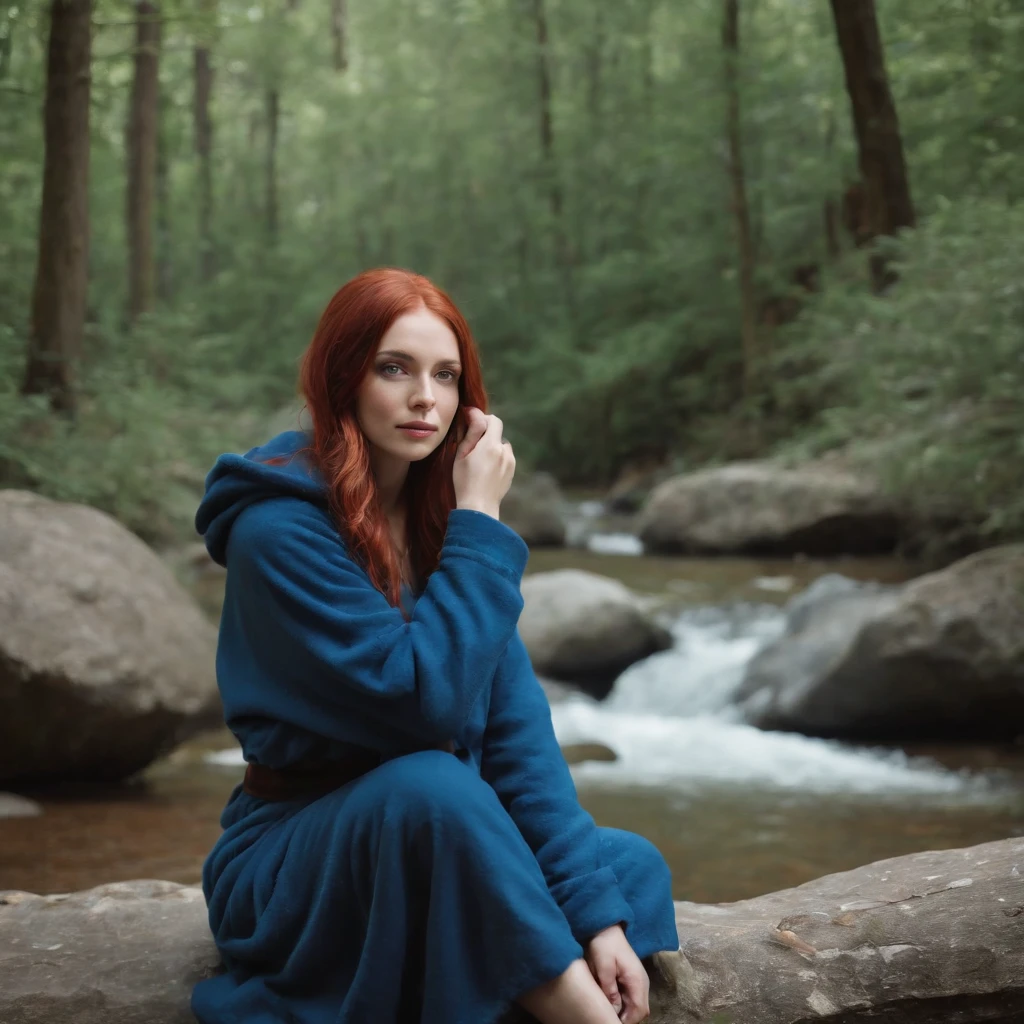 8k, Best Quality, (Realistic Photos:1.4), RAW photo, 1girl, Red hair, animal ears, Blue hooded robe, protruding ears;, posing: Sitting on a rock in a forest river, Yellow eyes,  -