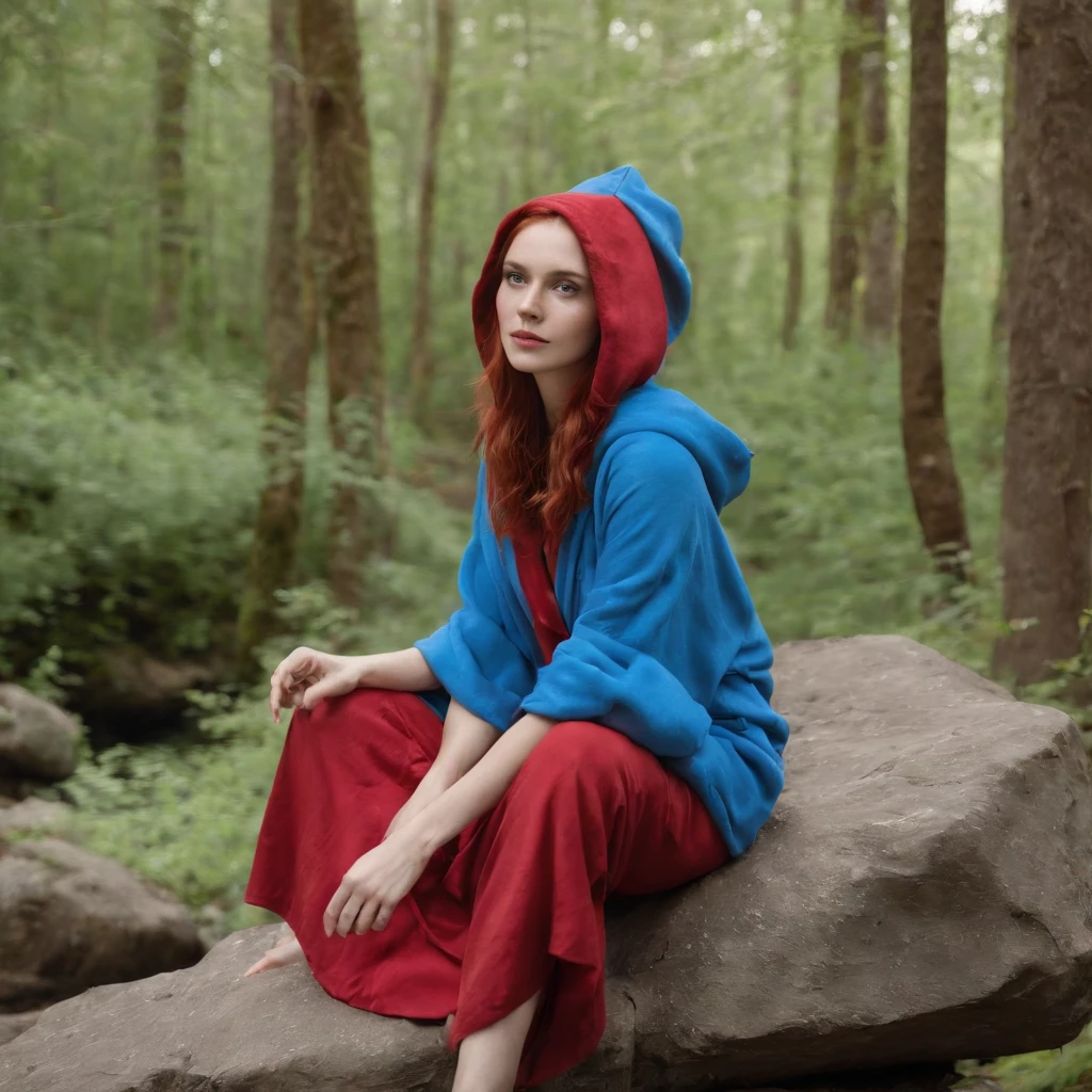 8k, Best Quality, (Realistic Photos:1.4), RAW photo, 1girl, Red hair, animal ears, Blue hooded robe, protruding ears;, posing: Sitting on a rock in a forest river, Yellow eyes,  -