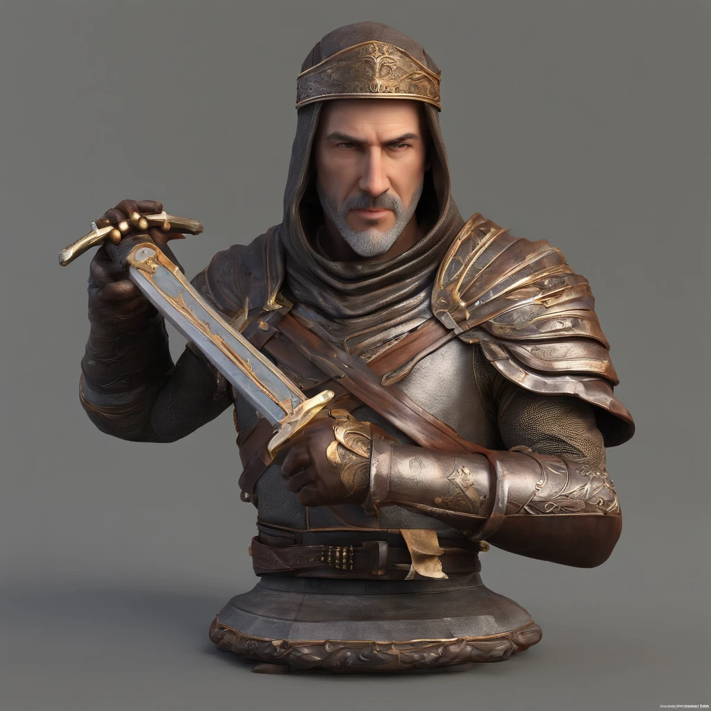 bust of a man with a sword, highly detailed character, high detail iconic character, fantasy assassin, male medieval assassin, holds a sword, bust portrait of an assassin, resin statue, medieval fantasy game art