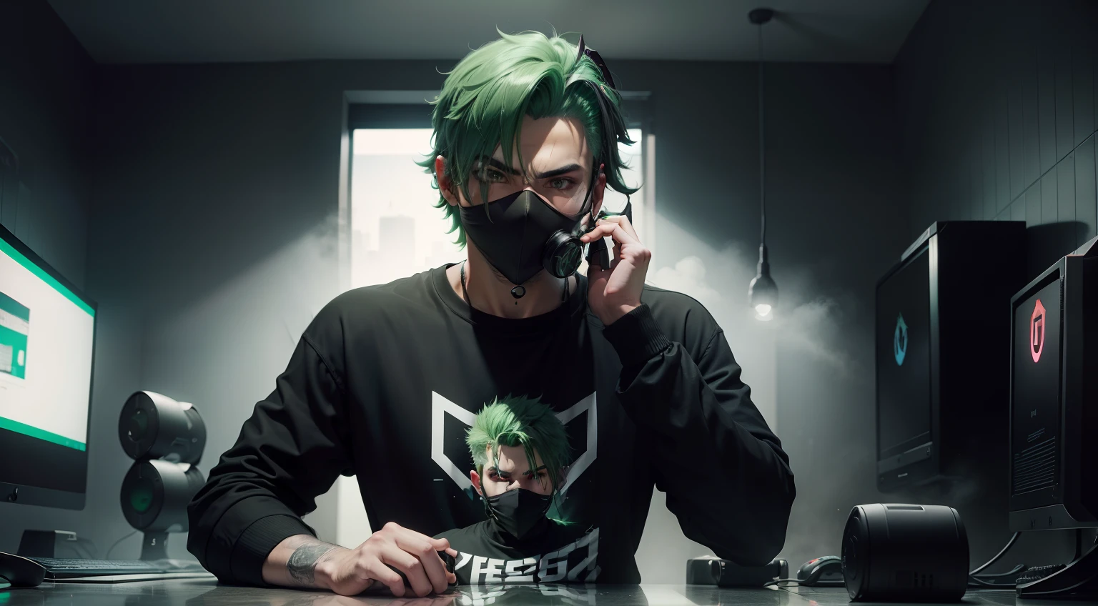 A man with a green hair wearing a mask and black t-shirt. Gamer room. Neo light