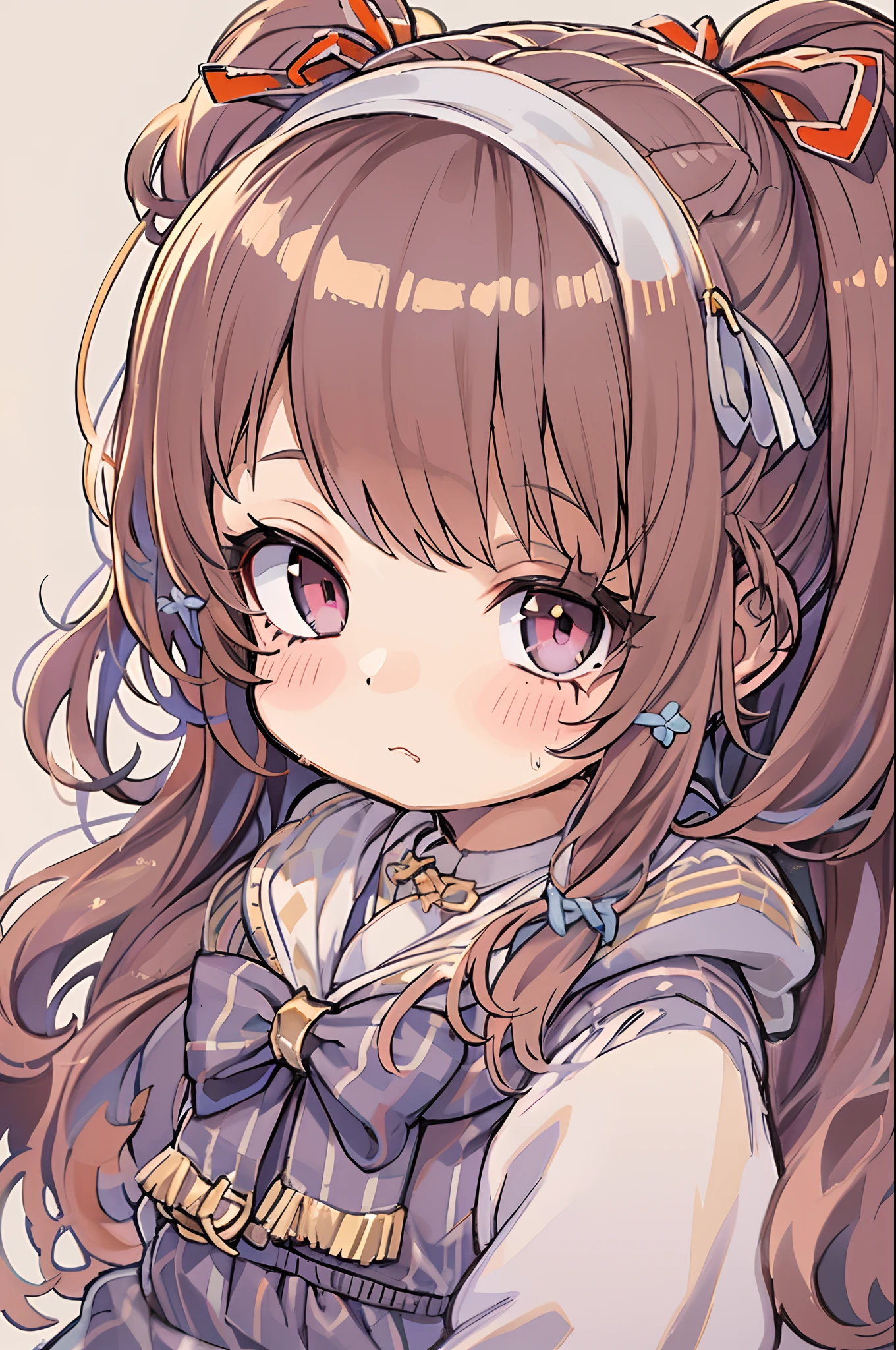 (1girl in), masutepiece, Best Quality, superfine illustration, a very pretty girl, extremely detailed beautiful face, Looking at Viewer, 1girl in, Belt bag, gros-plan, Looking at Viewer, 4K, hight resolution, bow ribbon, Phyllis Mistrout, blush, POV, twin-tail hair, White background, Simple background, thick outline, Purple eyes, (sleep), Brown hair, Chibi, expression of love, ((Brown hair)),
