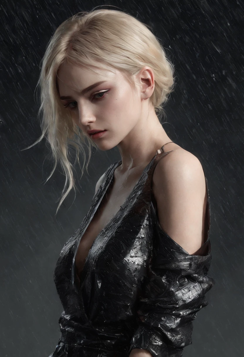 One young, extremely tall slender and skinny albino woman, touching herself, fingering herself, deeply ecstatic, showering, wet, water flowing down on her skin, extreme black high-heels, black pantyhose, long legs, long neck, short white hair, bob hairstyle, see-through barely visible transparent long cyberpunk dress with gothic ornaments, long gloves, visible head to toe.