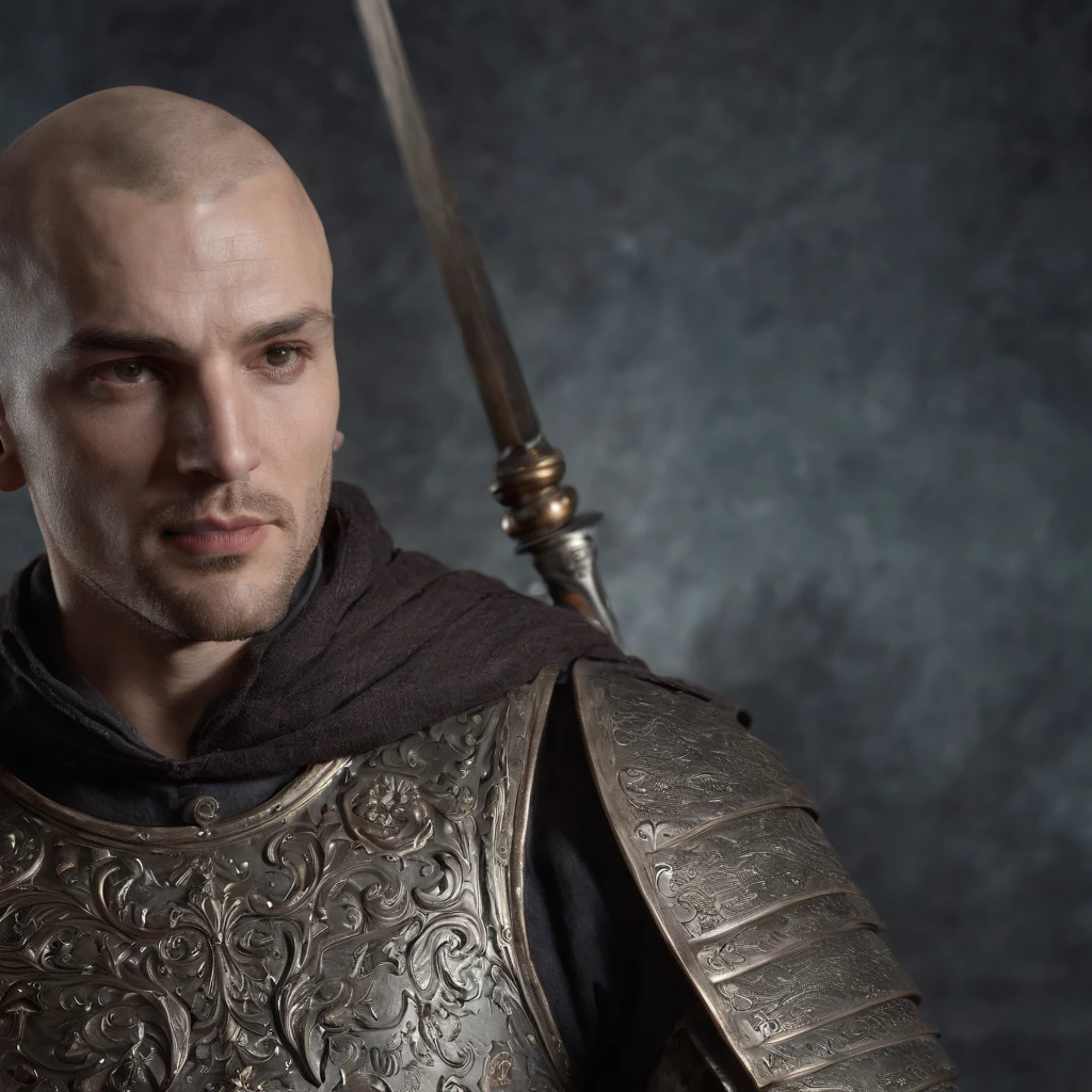 bust of a man with a sword, highly detailed character, high detail iconic character, fantasy assassin, male medieval assassin, holds a sword, bust portrait of an assassin, resin statue, medieval fantasy game art