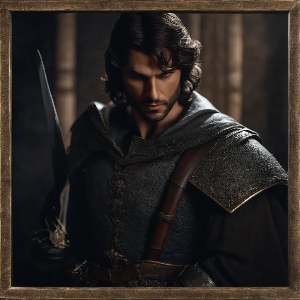 bust of a man with a sword, highly detailed character, high detail iconic character, fantasy assassin, male medieval assassin, holds a sword, bust portrait of an assassin, resin statue, medieval fantasy game art