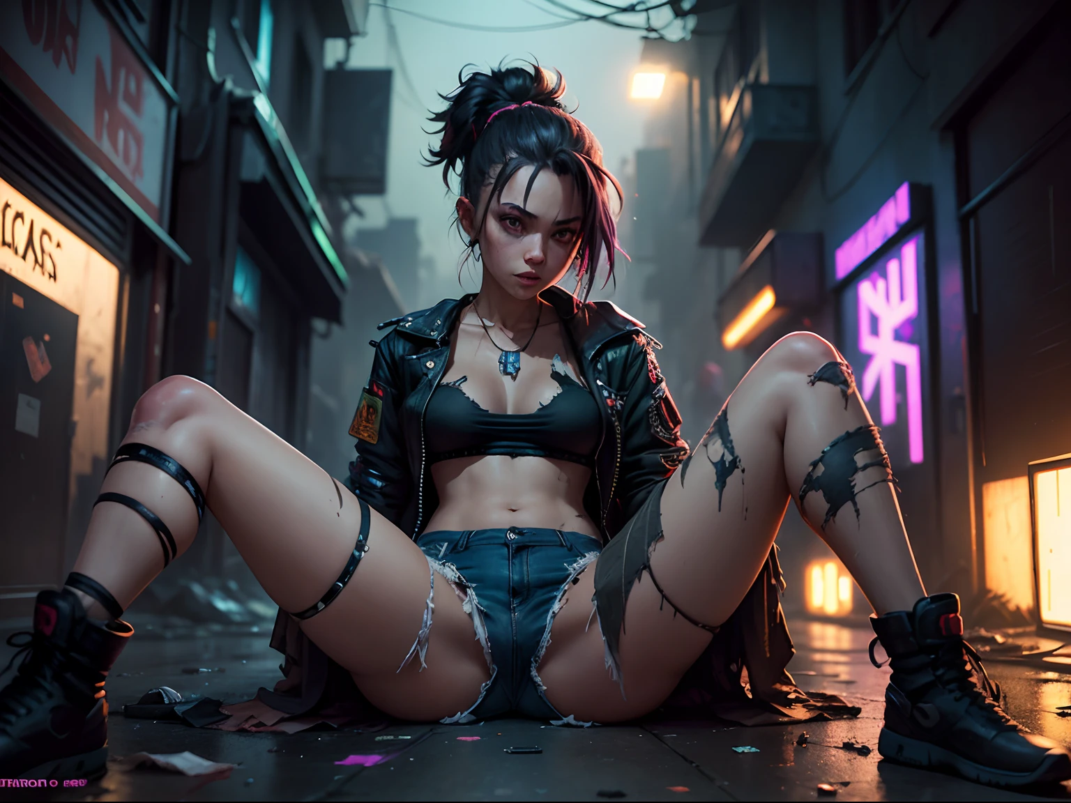 the night,A woman who is,Wearing tattered clothes,spread their legs,In the alleys of cyberpunk