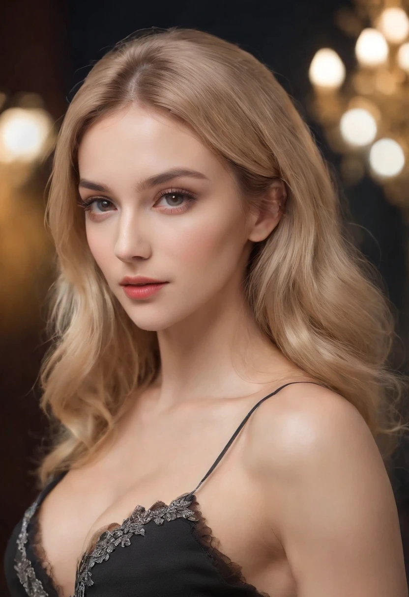 1girl, solo, jewelry, breasts, necklace, cleavage, realistic, blonde hair, hazel eyes, looking at viewer, large breasts, lips, makeup, long hair, upper body, lipstick ,slate atmosphere, full body, cinematic, nikon d850, day-light colors, muted colors, film grainy, lut, insane details, intricate details, --auto