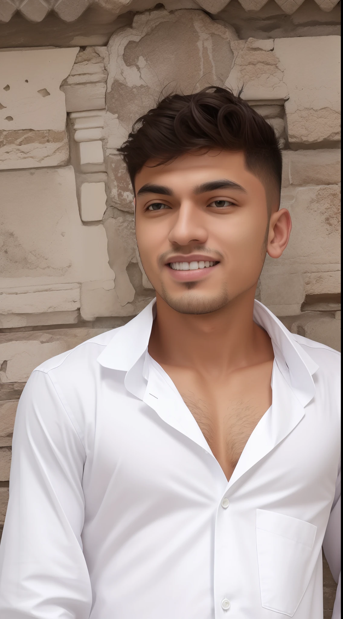 male , de pele branca, sorriso perfeito, olhos claros, cabelo muito cacheado castanho escuro, feliz