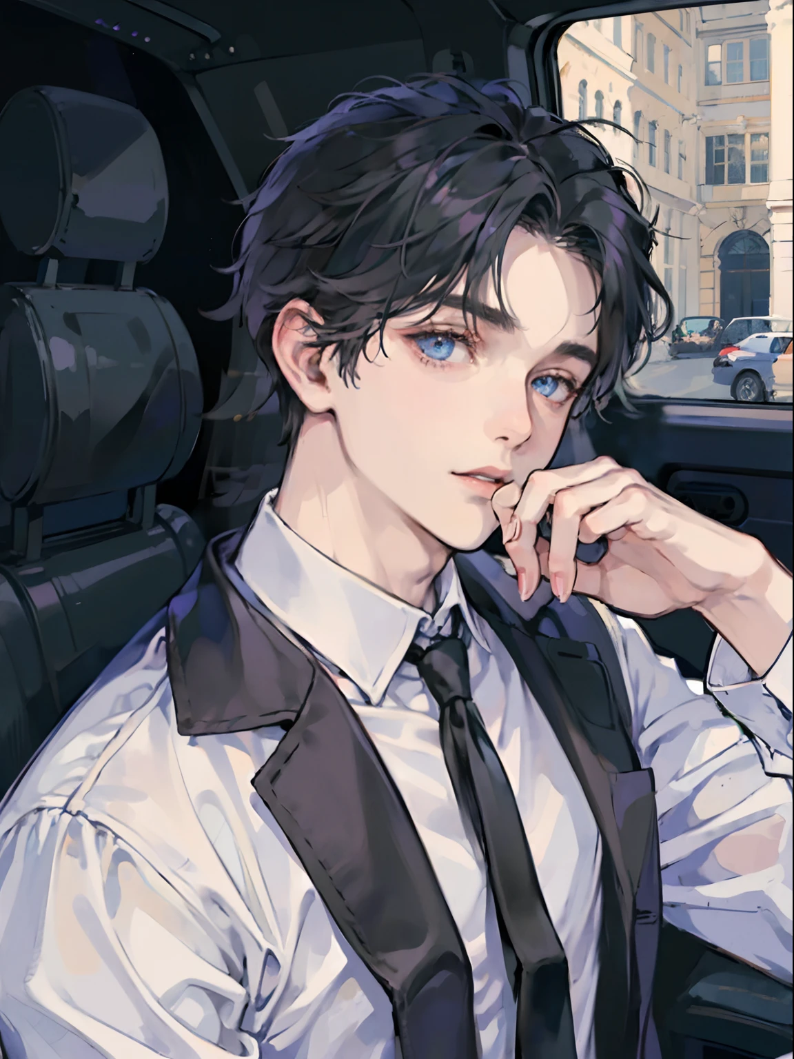 1boy,10 talents、(Man's :2) ,Handsome boy,A dark-haired、(Upper body naked:1.5)、mid night 、Inside the car、dark ilumination、the chaos、absurderes、hightquality、masutepiece,8K,NSFW,