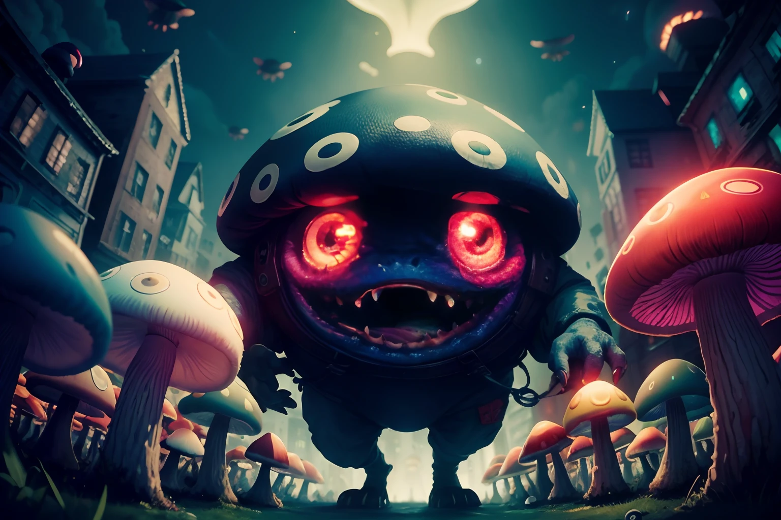 army of colorful mushrooms with eyes and open mouth and fang, angry, invade a city, hallucination, bioluminescence
