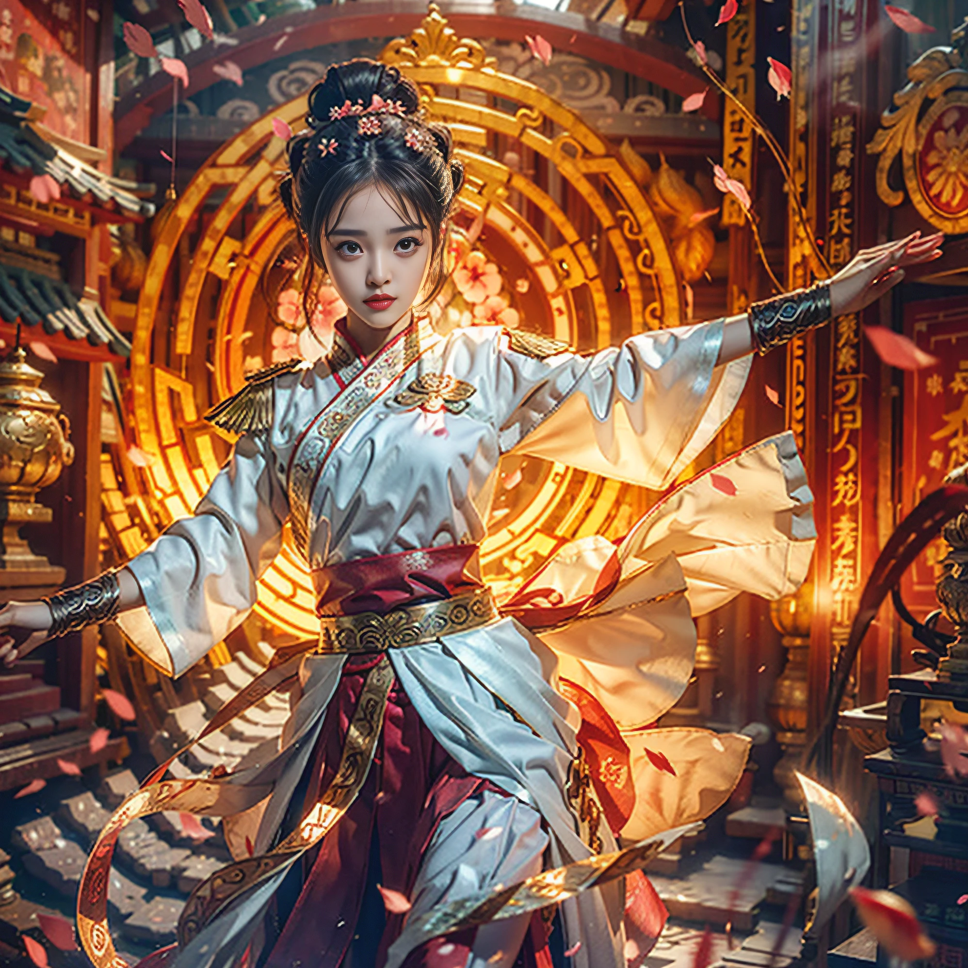 Hyper-realistic 1 antique girl,Bun Tang Han uniform Skirt Tang style hairpin Flying skirt and hair Background Pavilion Falling petals Dance