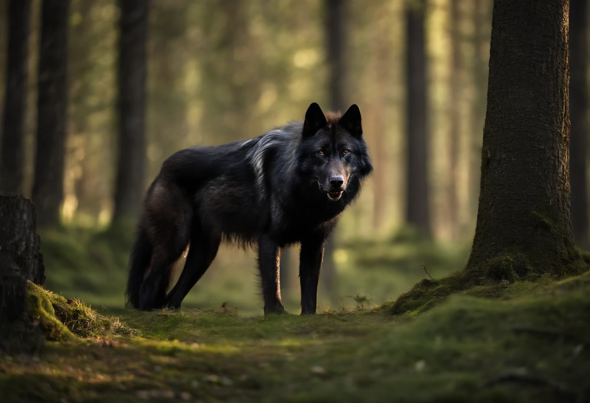 A black wolf wounded in the back by an arrow. A strong wolf, wounded but standing