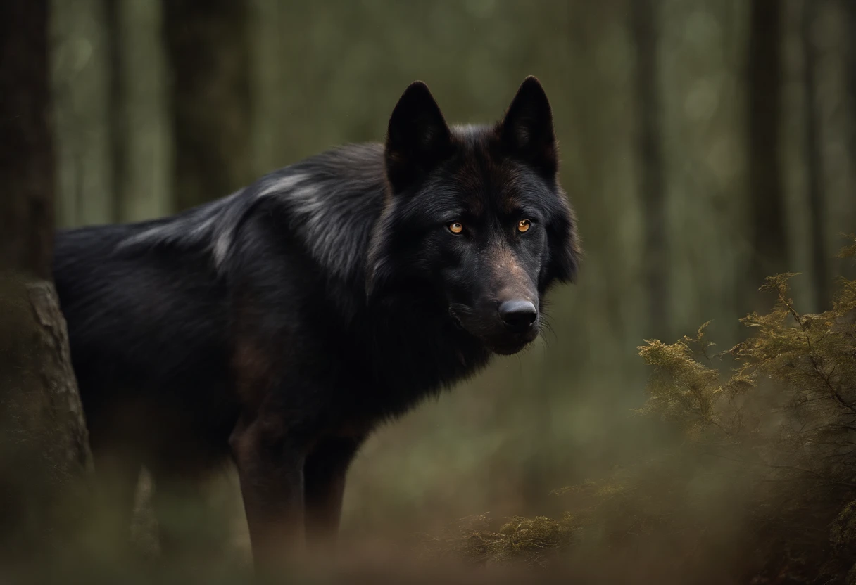 A black wolf wounded in the back by an arrow. A strong wolf, wounded but standing