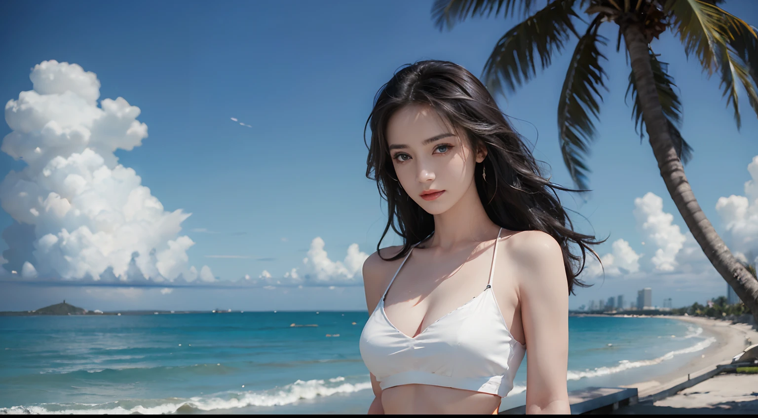 (Masterpiece), (Best Quality), Complex, with dramatic lighting, blured background, (ultra-detailed background), mature woman, Light black hair, Long hair, Dark-blue eyes, Big Eyes, Belly bearings good, shoulder, pornography, 鎖骨, faint smile, Bok Cloud, clear skies, plein air, landscapes, single focal, splendid, beautiful, dating, romantic, floating hair, Big breasts, pectorals, breast cleavage, sparkly skin, Abdominal muscles, shiny body, Perfect Figure, blue | Bright orange theme background, makeups, Tilted face, Audience Observation, Sweat flying everywhere. Glittering sweat, blushing, Looking at the audience with love, cowboy lens, Standing, Chest circumference, perfect female body, Depth of field, Soft lighting, Sunny weather, seaside, waves, palm tree, White tank top and ripped shorts, seaside, waves, palm tree, seaside, waves, palm tree, seaside, waves, palm tree, seaside, waves, palm tree