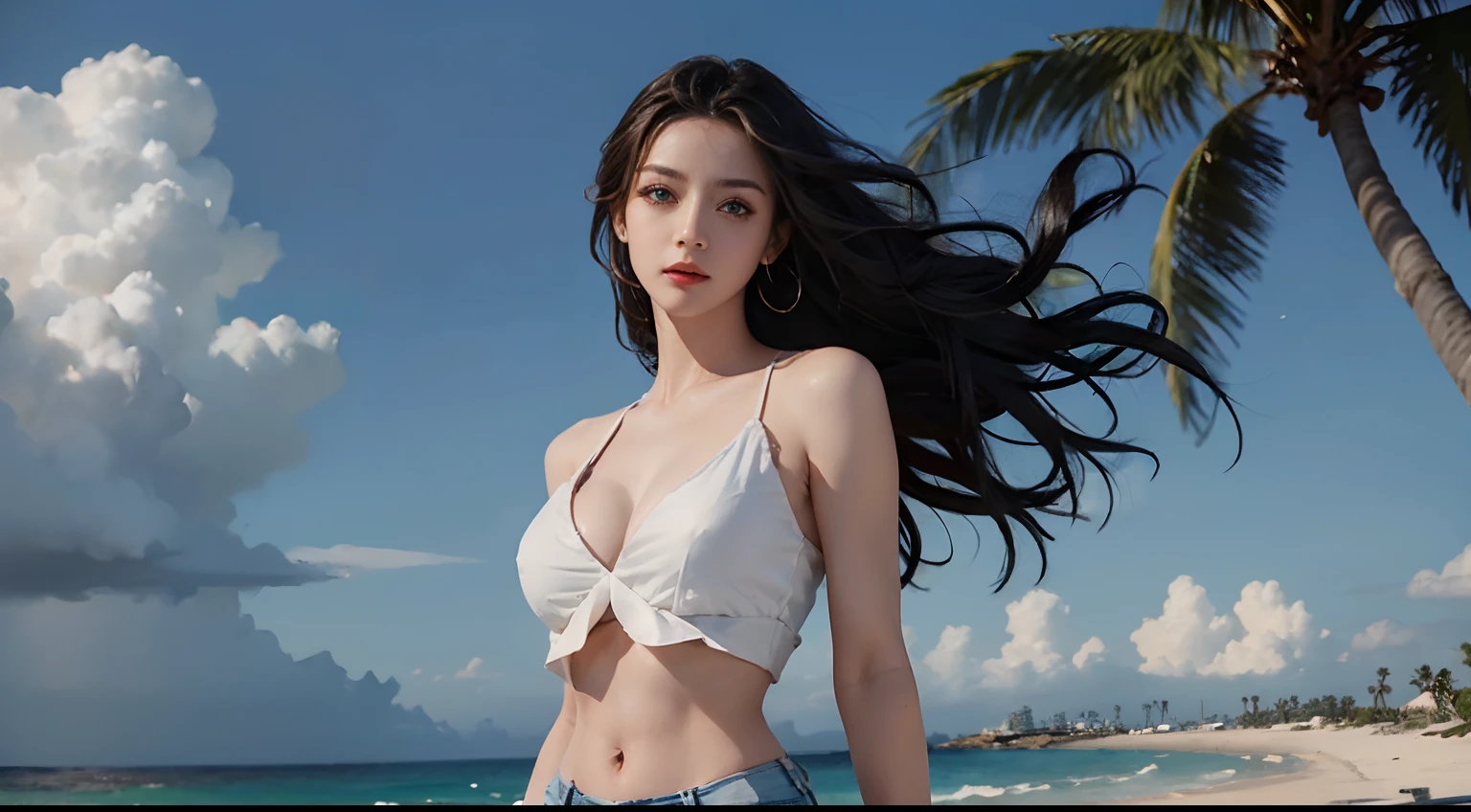 (Masterpiece), (Best Quality), Complex, with dramatic lighting, blured background, (ultra-detailed background), mature woman, Light black hair, Long hair, Dark-blue eyes, Big Eyes, Belly bearings good, shoulder, pornography, 鎖骨, faint smile, Bok Cloud, clear skies, plein air, landscapes, single focal, splendid, beautiful, dating, romantic, floating hair, Big breasts, pectorals, breast cleavage, sparkly skin, Abdominal muscles, shiny body, Perfect Figure, blue | Bright orange theme background, makeups, Tilted face, Audience Observation, Sweat flying everywhere. Glittering sweat, blushing, Looking at the audience with love, cowboy lens, Standing, Chest circumference, perfect female body, Depth of field, Soft lighting, Sunny weather, seaside, waves, palm tree, White tank top and ripped shorts, seaside, waves, palm tree, seaside, waves, palm tree, seaside, waves, palm tree, seaside, waves, palm tree