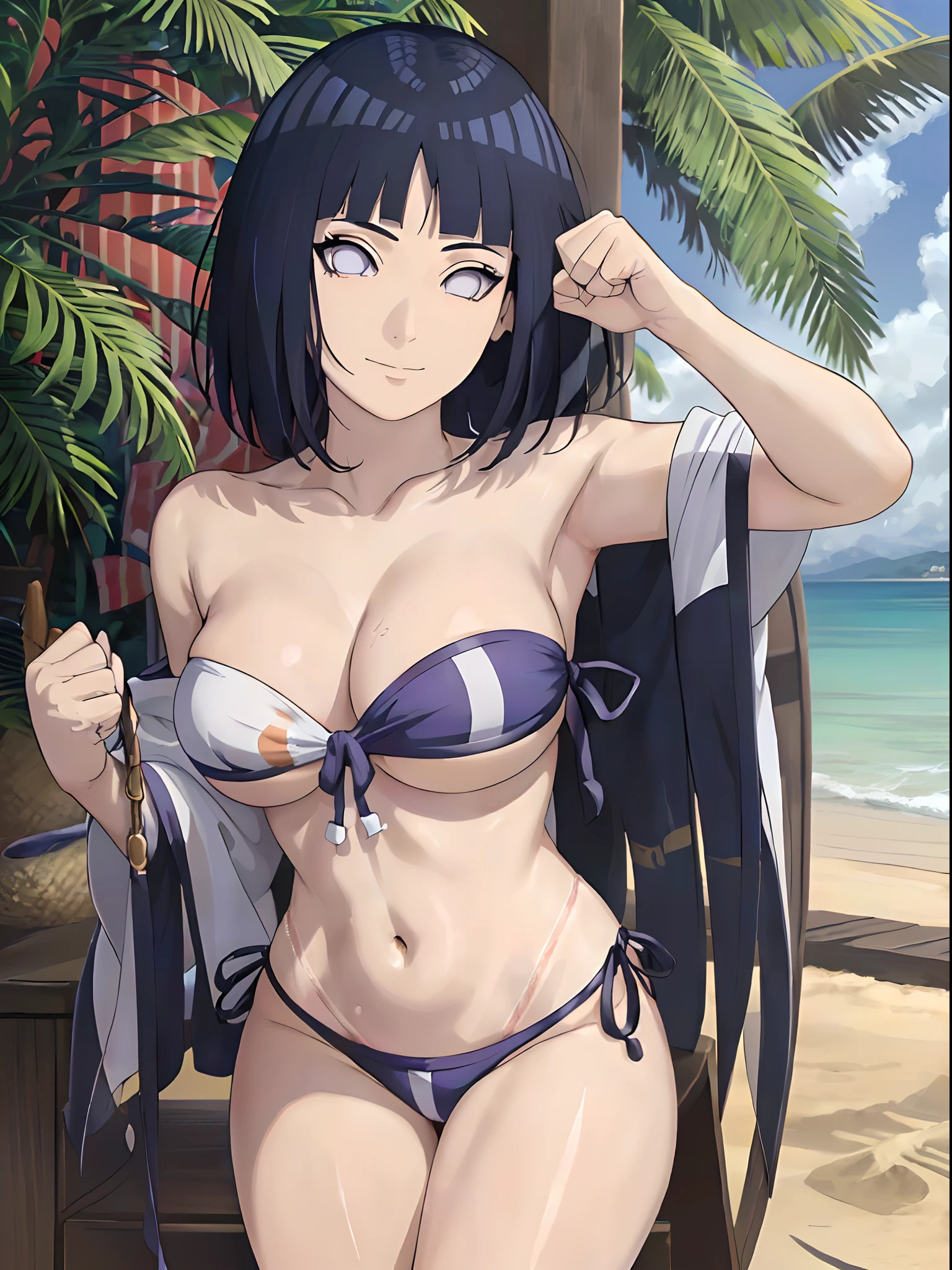 (WALLPAPER,  (hinata\(boruto\), (((strapless bikini))), masterpiece, 4k, vector coloring, whole body shot, (high color saturation), contrast lighting, mature female, (curvy:0.8), solo, anime style, sharp focus, professional artwork, intricate details, colorful, vibrant colors, vivid colors, digital blending, ultra detailed body, ultra detail hair, ultra detail face, trending on pixiv, very hot colors, (((beach background, outdoors))), detailed bold arm lines, high color saturation, bold lines, bold drawing lines),
(((leaning backward)), (head tilt), closed mouth, kind smile, extremely happy),
((dark blue hair color:1.1), wavy hair, ((short hair, hime cut)),
(perfect eyes, white sciera, bright eyes, white eyes, anime eyes, smoky eyeliner, eyeshadow)
(white skin, (fair skin), slender body, milf, perfect face),
(legs, big breasts, off-shoulders, (detailed shoulders, arm lines)), 
(bare shoulders, bare legs, (closed fists),