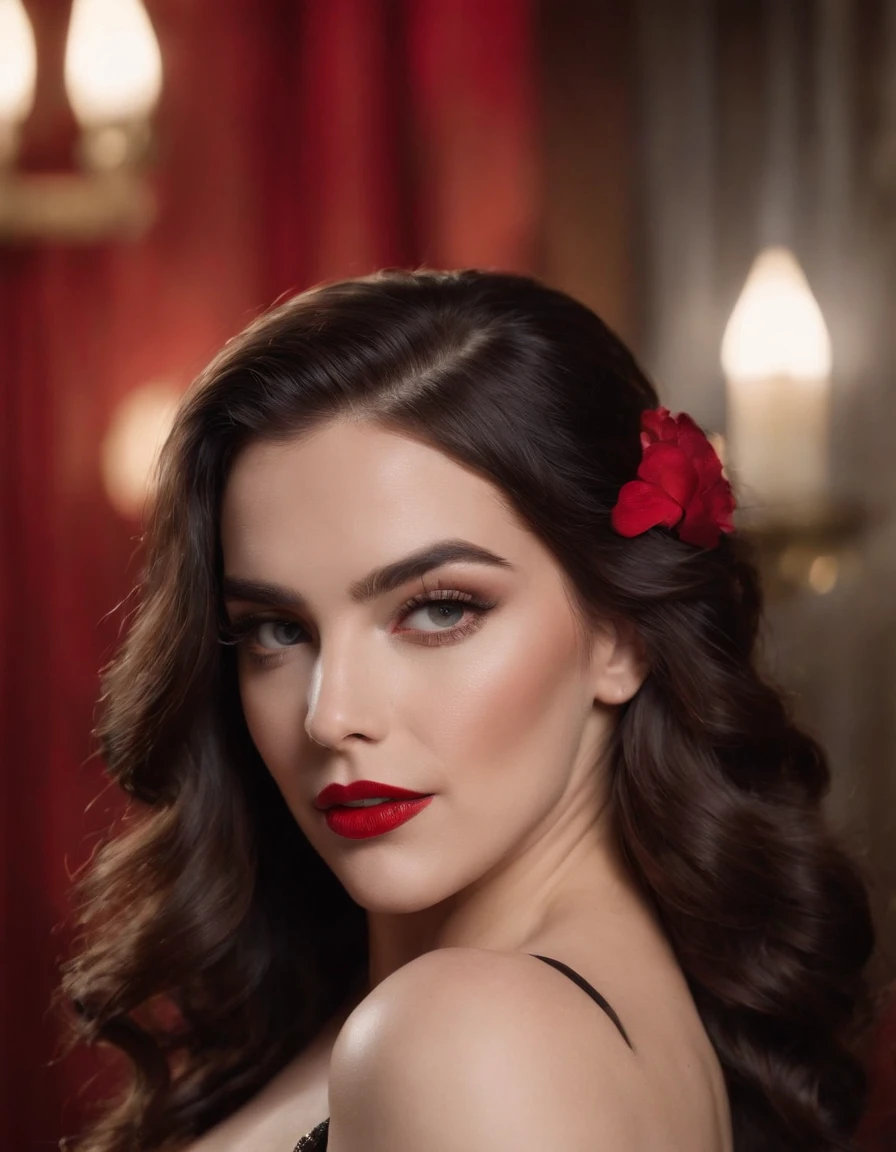 photoshoot de corpo inteiro do personagem Moulin Rouge uma mulher villiana realmente lindo com cabelo branco de neve, red lips, uma exuberante figura de ampulheta, in black latex polishing mini, intrincado detalhado em bejeweled mais rico, Fundo Moulin Rouge, dramatic lighting, hyper realistic, 8k cinematic, UHD, QG,medium shot