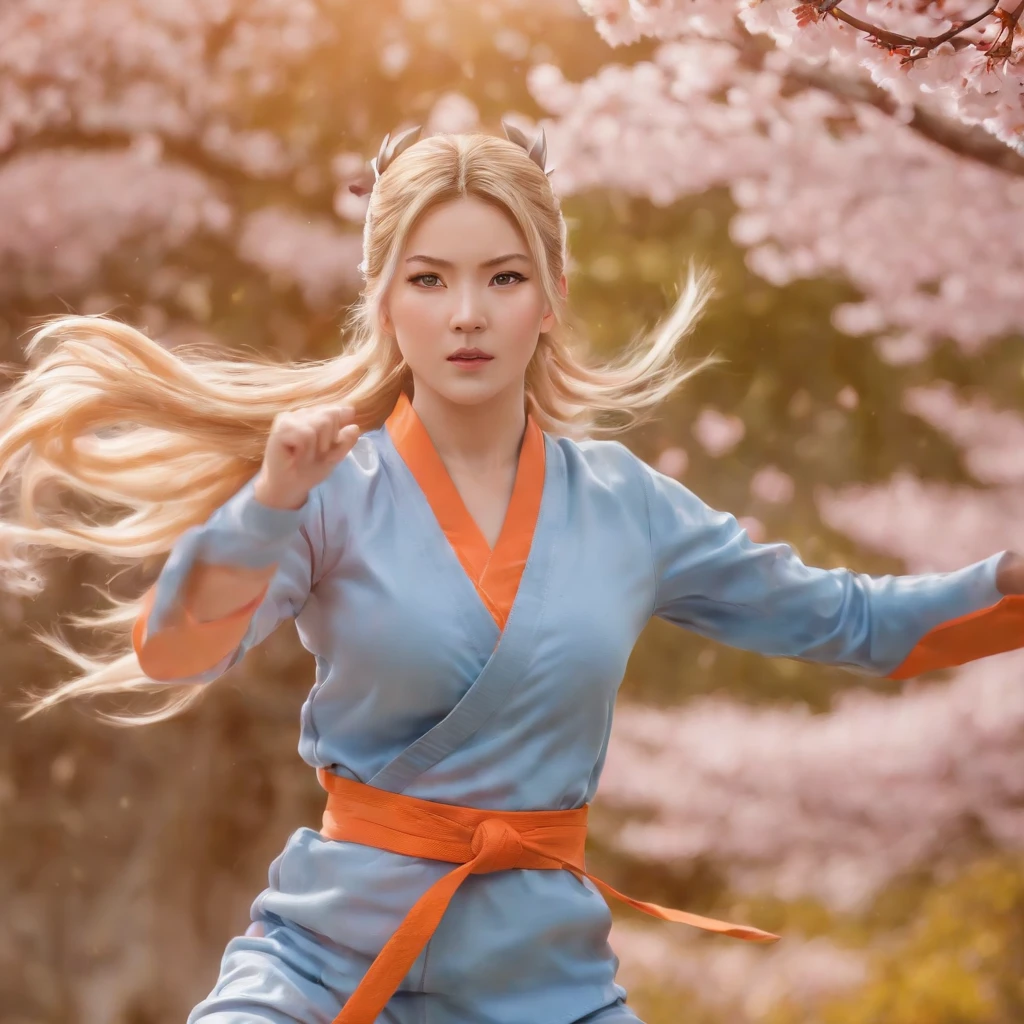 A girl with long, spiky, blonde hair, wearing an orange jumpsuit, and a Konohagakure headband, standing in front of a beautiful landscape with cherry blossom trees. The girl has bright blue eyes and wears a determined expression on her face. She is surrounded by swirling wind and leaves, showcasing her mastery of wind-based jutsu. The scene is captured in an intense, action-packed moment, with the girl jumping and preparing to strike with her ninja techniques. The artwork is created in a digital medium, utilizing vivid colors and sharp details. The image has high resolution and captures the essence of the Naruto manga/anime series. The color tone is vibrant and energetic, with a balance of warm and cool shades symbolizing the girl's fiery spirit and the tranquil nature of the cherry blossom trees. The lighting is dynamic, emphasizing the girl's figure and accentuating the fast-paced atmosphere.