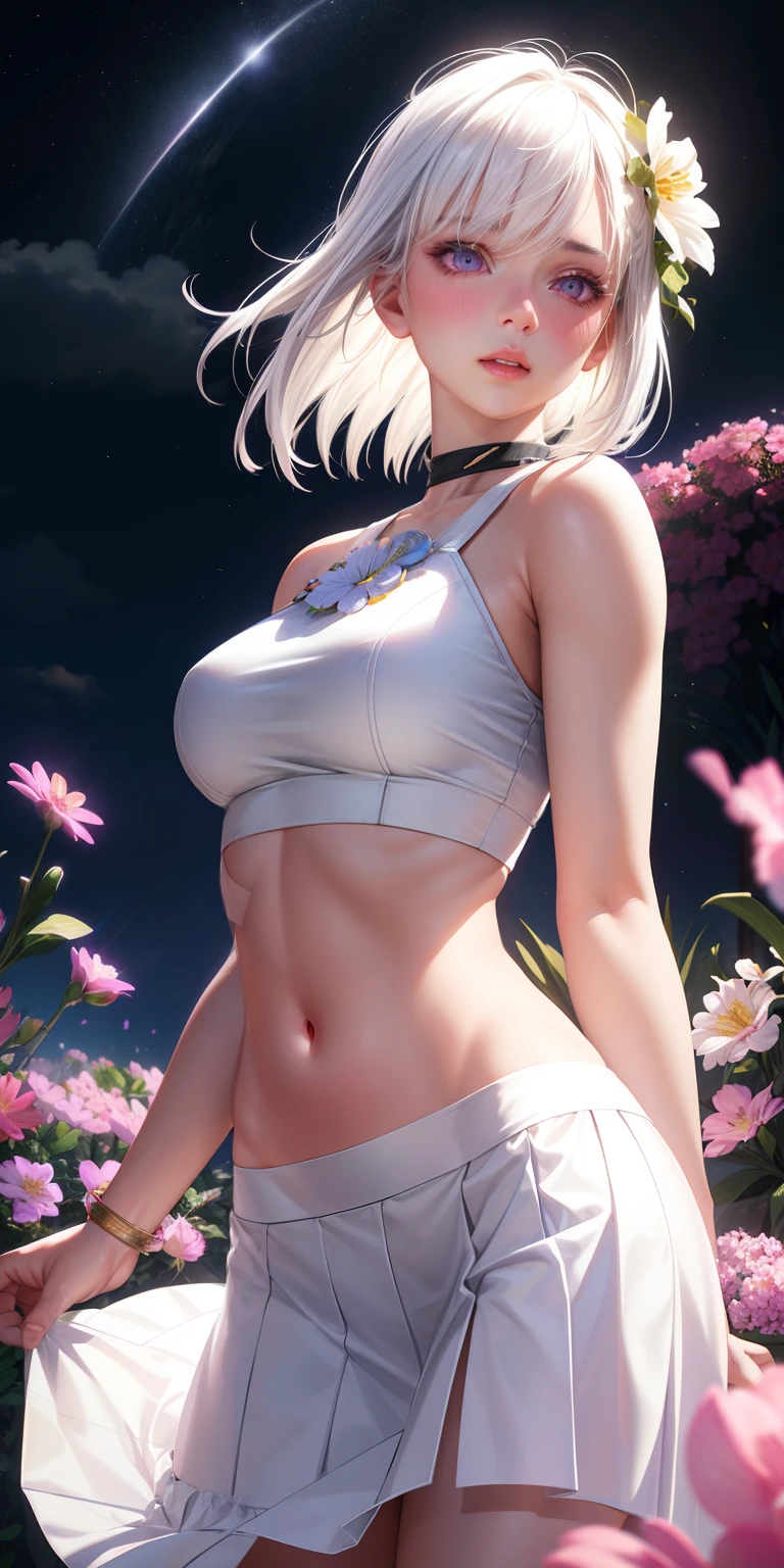 realistic, 1girl, white hair, purple eyes, glowing eyes, crop top, skirt, parted lips, blush, night, flowers, sun, sunlight,