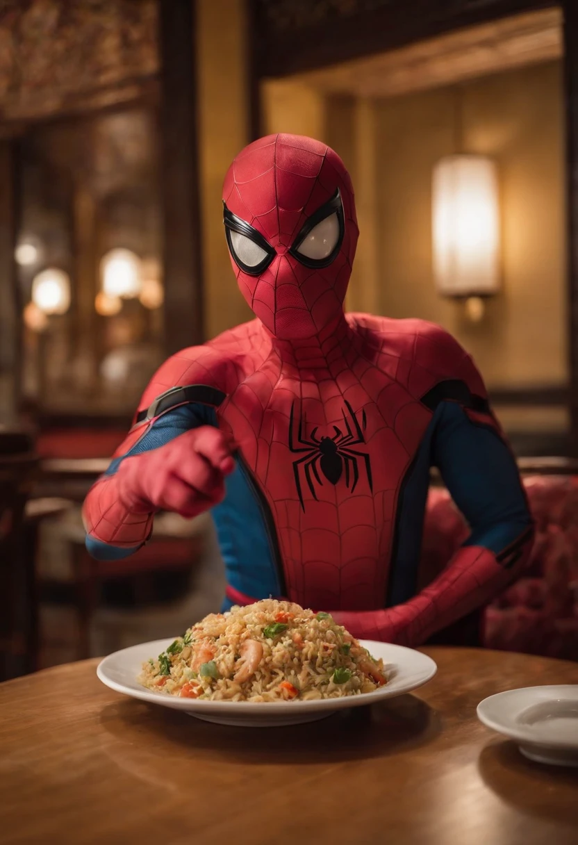Cinematographer, ultra realista, Ropa detallada, Bellamente detallado, UHD, HDR, Altas Resoluciones, ultra detallado, Detalles intrincados, Efectos texturales, absurdos, obra maestra, 8k:1.2. En esta imagen, vemos a Spider-Man en un inusual descanso de sus actividades heroicas. He's standing in a chic Asian restaurant in his iconic costume.............................. Spider-Man holds a bowl of Chinese fried rice mixed with oriental stir-fried noodles in his hands skillfully.., usando unos elegantes palillos chinos para llevar un bocado a su boca. The plate is full of fried rice, salteado. The restaurant is decorated with traditional Chinese elements, como linternas rojas colgando del techo y dragones dorados esculpidos en las paredes. The dim light of the lanterns creates a warm and welcoming atmosphere in the place.