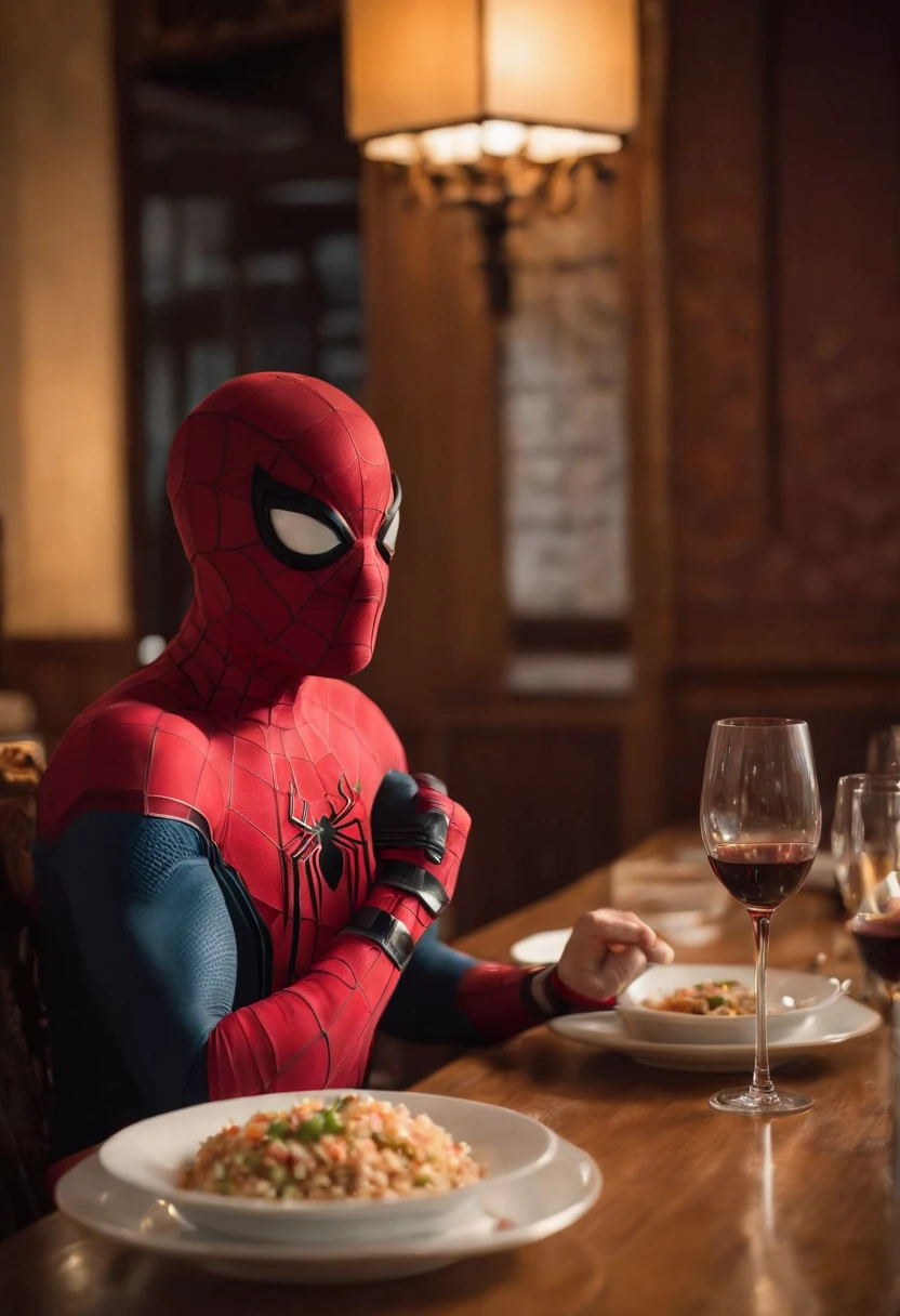 Cinematographer, ultra realista, Ropa detallada, Bellamente detallado, UHD, HDR, Altas Resoluciones, ultra detallado, Detalles intrincados, Efectos texturales, absurdos, obra maestra, 8k:1.2. En esta imagen, vemos a Spider-Man en un inusual descanso de sus actividades heroicas. He's standing in a chic Asian restaurant in his iconic costume.............................. Spider-Man holds a bowl of Chinese fried rice mixed with oriental stir-fried noodles in his hands skillfully.., usando unos elegantes palillos chinos para llevar un bocado a su boca. The plate is full of fried rice, salteado. The restaurant is decorated with traditional Chinese elements, como linternas rojas colgando del techo y dragones dorados esculpidos en las paredes. The dim light of the lanterns creates a warm and welcoming atmosphere in the place.