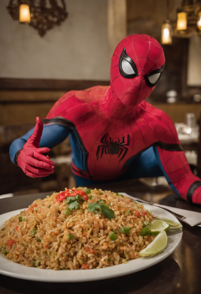Cinematographer, ultra realista, Ropa detallada, Bellamente detallado, UHD, HDR, Altas Resoluciones, ultra detallado, Detalles intrincados, Efectos texturales, absurdos, obra maestra, 8k:1.2. En esta imagen, vemos a Spider-Man en un inusual descanso de sus actividades heroicas. He's standing in a chic Asian restaurant in his iconic costume......................... Spider-Man holds a bowl of Chinese fried rice mixed with oriental stir-fried noodles in his hands skillfully.., usando unos elegantes palillos chinos para llevar un bocado a su boca. The plate is full of fried rice, salteado. The restaurant is decorated with traditional Chinese elements, como linternas rojas colgando del techo y dragones dorados esculpidos en las paredes. The dim light of the lanterns creates a warm and welcoming atmosphere in the place.