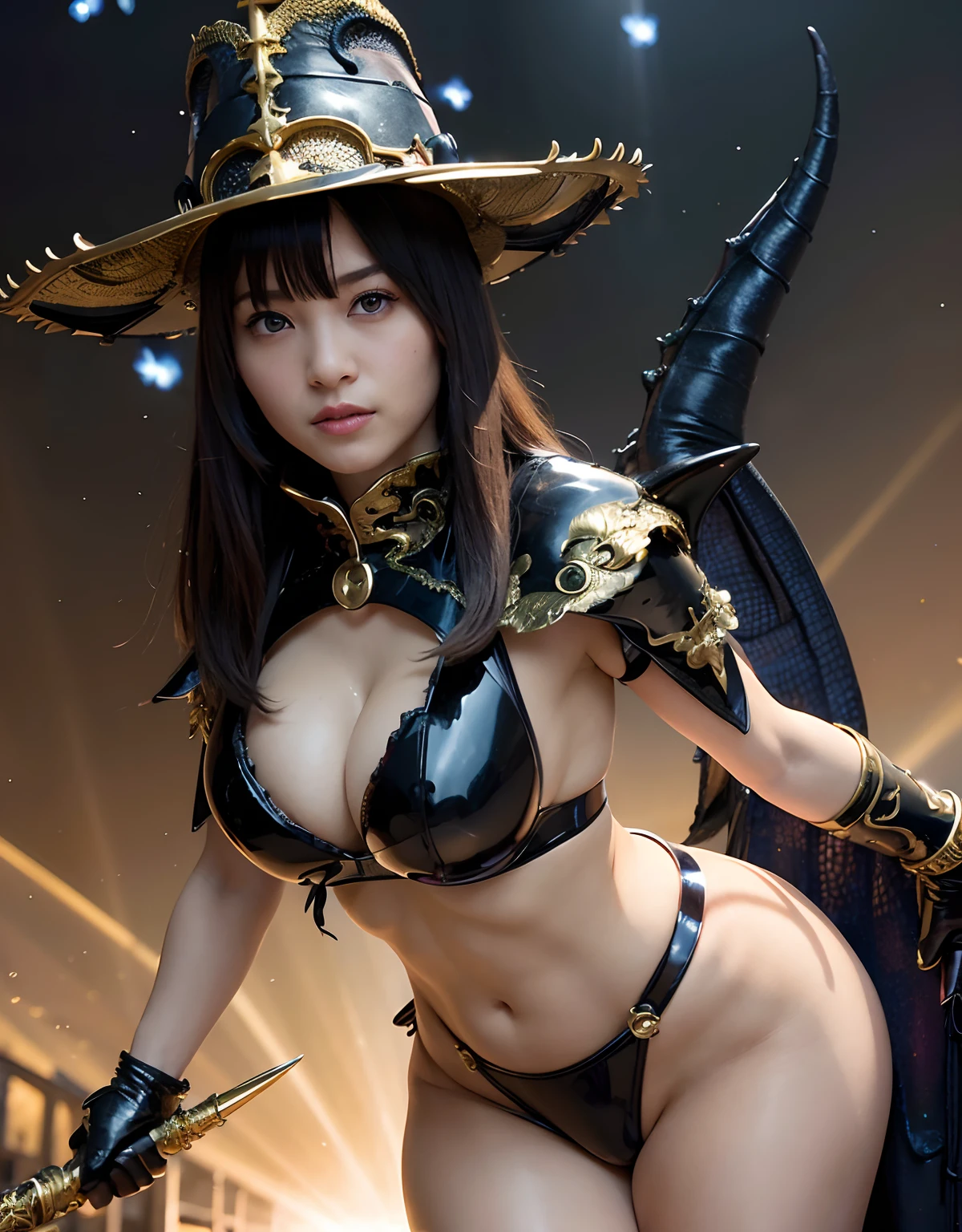 ((World of Darkness)),Professional , masterpiece、top-quality、photos realistic , depth of fields 、(((Fight dragons))),(Dragon Black Metal Body:1.9),(latex black-blue、(cleavage of the breast),(Fight dragons)、、(((Particles of light))),(Micro Bikini Armor:1.7),Gorgeous gold weapons ,(Fight dragons)、Seductive look、The face of the dragon is out、(blood splattere、Armpit、((((With a magic wand))), ) , (((Wearing a black latex wizard hat))),(demonic wings) ,((a blond))、(Castle background)、((Gangle's forest background))、Beautiful Caucasian beauty、1a person、Armpit、dynamic ungle,(((Detailed and ornate dragon wizard hat)))、Smaller head、A smile、Castle background、Thin and beautiful female hands、cleavage of the breast、Soldier in iron armor on background、Mystical expression、Light Effects、intense fighting、Wind-effect、magic circles、With the legendary magic wand、Dragon's tail、explosions、Toostock、Toostock、(Beautuful Women),