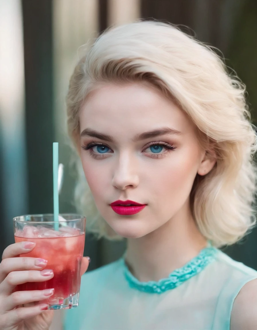 boy with blond hair holding a drink photo, blue eyeshadow makeup and pink lips, in the style of light emerald and azure, playful femininity, poodlepunk, eye-catching detail, creative commons attribution, bold colours, wavy