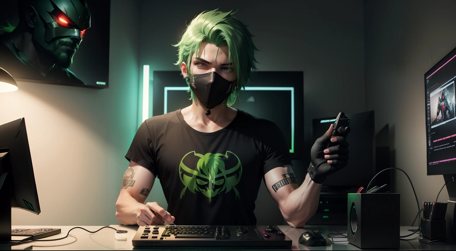 A man with a green hair wearing a mask and black t-shirt. Gamer room. Neo light