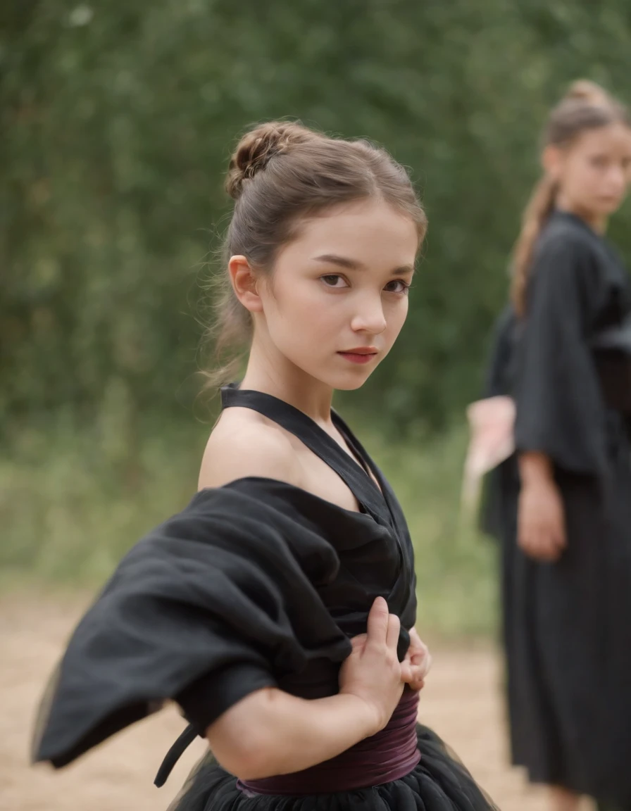 young girl in a tutu and black kimono practice to get in line, in the style of stockphoto, deutscher werkbund, selective focus, group material, shot on 70mm, whitcomb-girls, sculpted