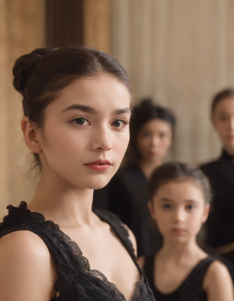 young girl in a tutu and black kimono practice to get in line, in the style of stockphoto, deutscher werkbund, selective focus, group material, shot on 70mm, whitcomb-girls, sculpted