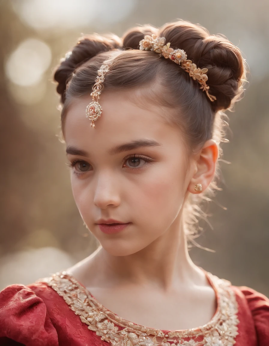  girl dressed as a fallera with spiral buns on the side of the head with hairpins and brooches, side shot, diffuse lighting, medium shot, high quality photo