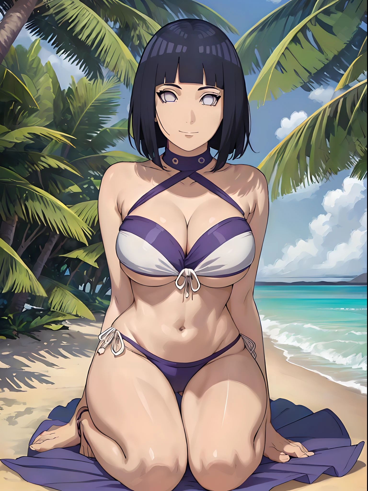 (WALLPAPER,  (hinata\(boruto\), (((strapless bikini))), masterpiece, 4k, vector coloring, whole body shot, (high color saturation), contrast lighting, mature female, (curvy:0.8), solo, anime style, sharp focus, professional artwork, intricate details, colorful, vibrant colors, vivid colors, digital blending, ultra detailed body, ultra detail hair, ultra detail face, trending on pixiv, very hot colors, (((beach background, outdoors))), detailed bold arm lines, high color saturation, bold lines, bold drawing lines),
(((leaning backward)), (head tilt), closed mouth, kind smile, extremely happy),
((dark blue hair color:1.1), wavy hair, ((short hair, hime cut)),
(perfect eyes, white sciera, bright eyes, white eyes, anime eyes, smoky eyeliner, eyeshadow)
(white skin, (fair skin), slender body, milf, perfect face),
(legs, big breasts, off-shoulders, (detailed shoulders, detailed arm lines)), 
(bare shoulders, bare legs, (closed fists),