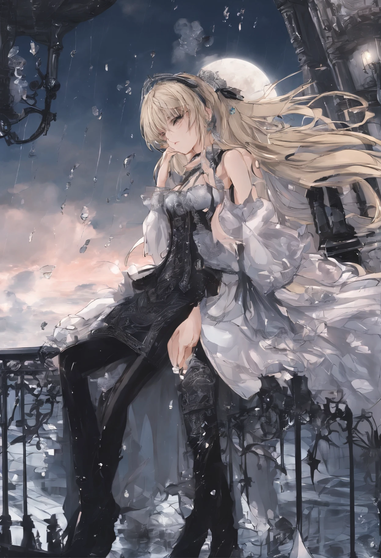 Sad girl,cry,darkness,Rain sky,。.。.。.。.。.。.。.。.。.。.。.。.。.。.。.。.。.。.。.3D,Upscale,hard disk,Blonde short,is crying,with his back turned
