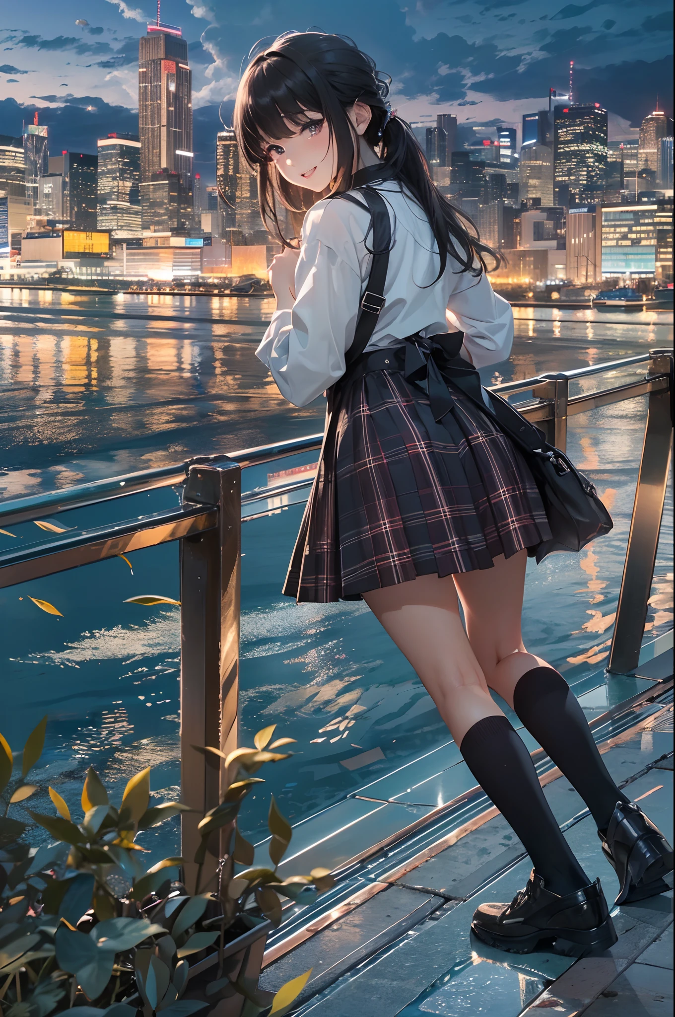 (extremely details CG、Unity、8K Wallpapers)、(extremely delicate and beautiful)、(​masterpiece)、(top-quality:1.0)、(超A high resolution:1.0)、beautiful  lighting、perfect lightning bolt、realistic shadow、[hight resolution]、Detailed skin、ultra-detailliert、detailed faces and eyes、Realistic eyes、Sharp pupils、cowboy  shot,  (Vibrant city skyline reflected on the tranquil waterfront:1.4)、Evening glow、beauitful face、blurry backround、16-year-old beautiful girl、shinny skin、poneyTail、Beautiful black hair、Blunt bangs、eyes are brown、student clothes、Plaid miniskirt、knee sox、Black socks、Curve、Smile with open mouth