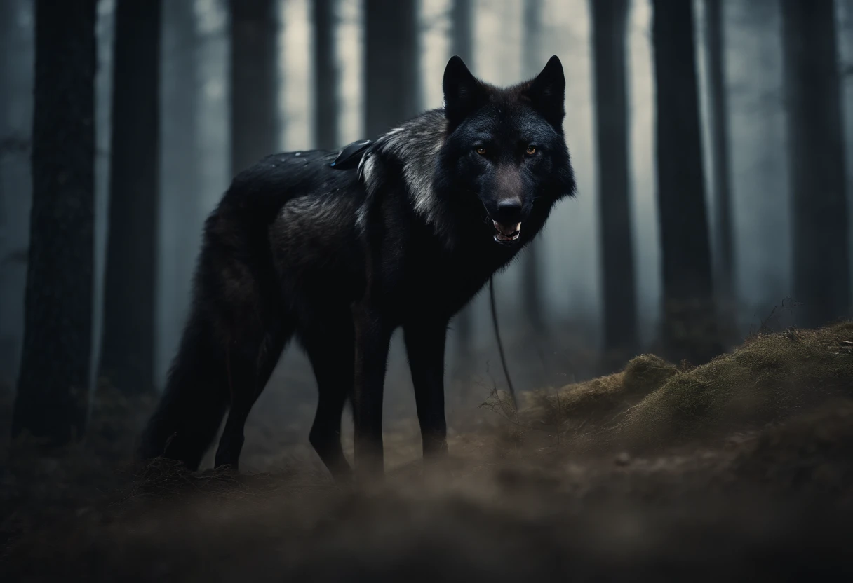 A black wolf in costume, wounded in the back by an arrow. A strong wolf, wounded but standing