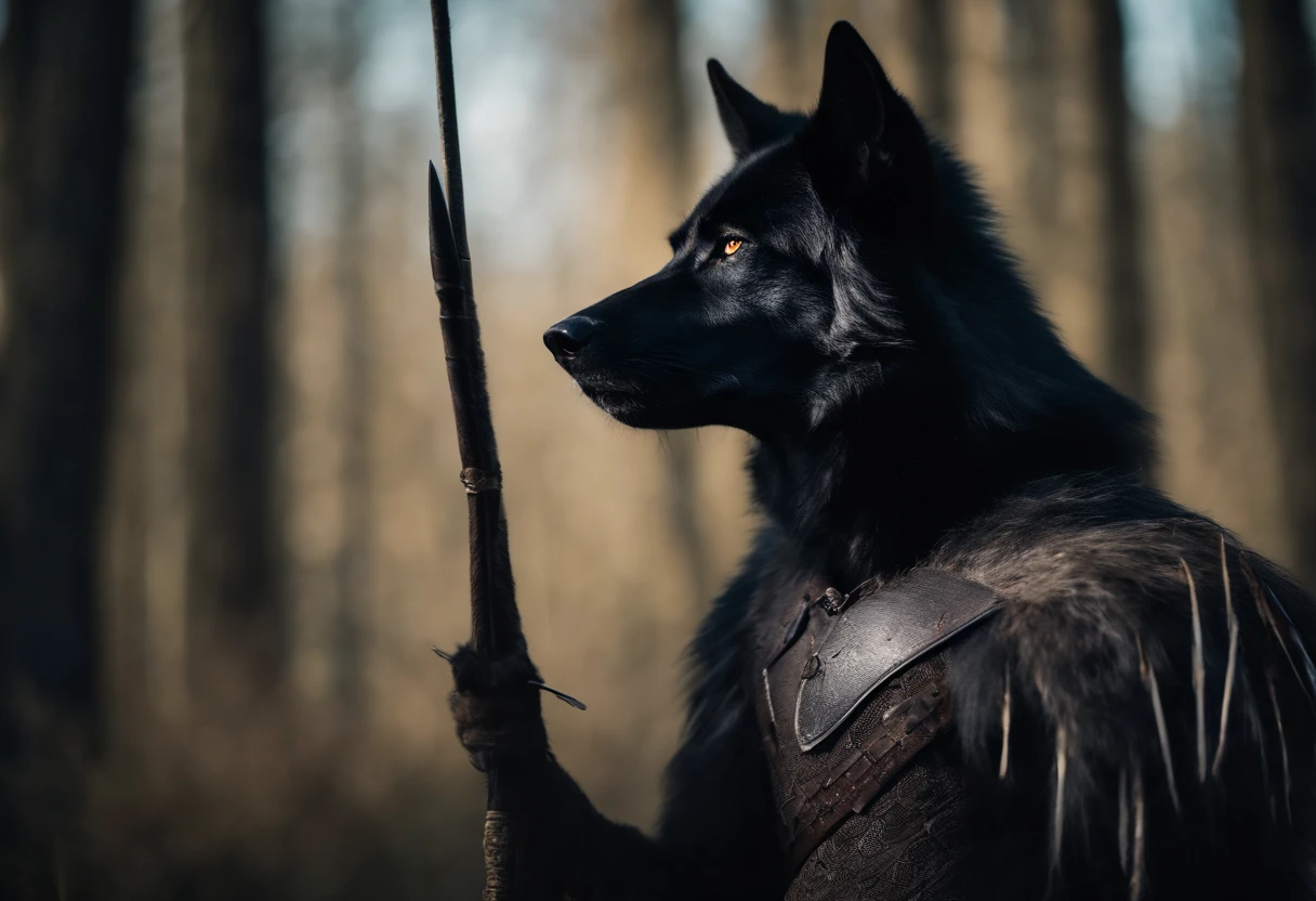 A black wolf in costume, wounded in the back by an arrow. A strong wolf, wounded but standing