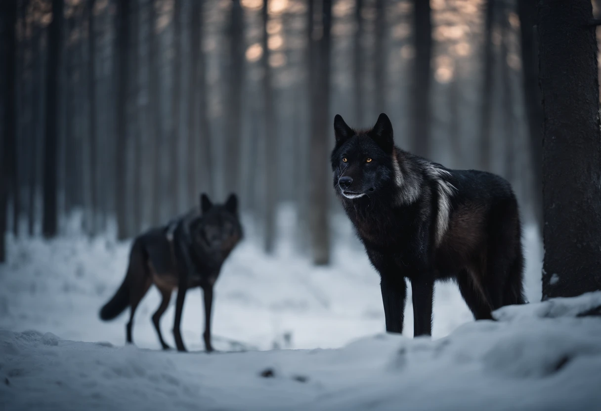 A black wolf in costume, wounded in the back by an arrow. A strong wolf, wounded but standing