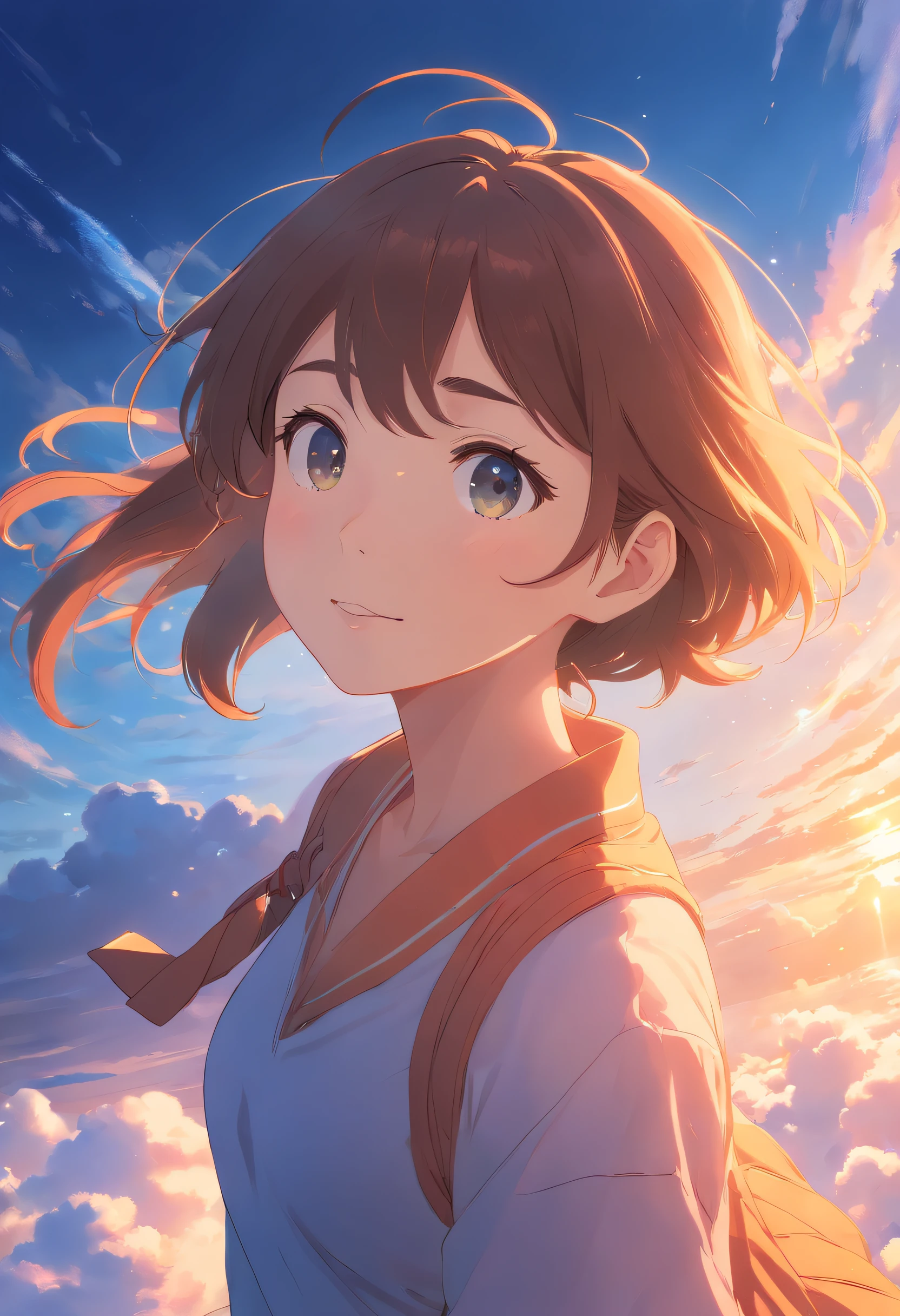 masterpiece, best quality, movie still, 1girl, cloud girl, floating in the sky, close-up, bright, happy, warm soft lighting, sunset, (sparks:0.7)