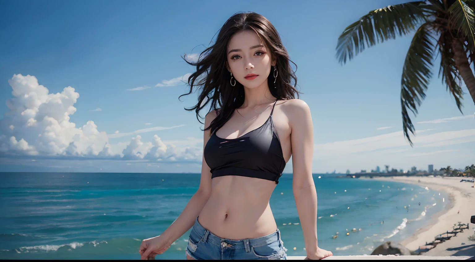 (Masterpiece), (Best Quality), Complex, with dramatic lighting, blured background, (ultra-detailed background), mature woman, Light black hair, Long hair, Dark-blue eyes, Big Eyes, Belly bearings good, shoulder, Pornography, 鎖骨, faint smile, Bok Cloud, Smooth skies, plein air, landscapes, single focal, splendid, beautiful, dating, romantic, floating hair, Big breasts, pectorals, breast cleavage, sparkly skin, Abdominal muscles, shiny body, Perfect Figure, blue | Bright orange theme background, makeups, Tilted face, Audience observation, Sweat flying everywhere. Glittering sweat, blushing, Looking at the audience with love, cowboy lens, Standing, Chest circumference, perfect female body, Depth of field, Soft lighting, Sunny weather, seaside, waves, palm tree, White tank top and ripped shorts, seaside, waves, palm tree, seaside, waves, palm tree, seaside, waves, palm tree, seaside, waves, palm tree