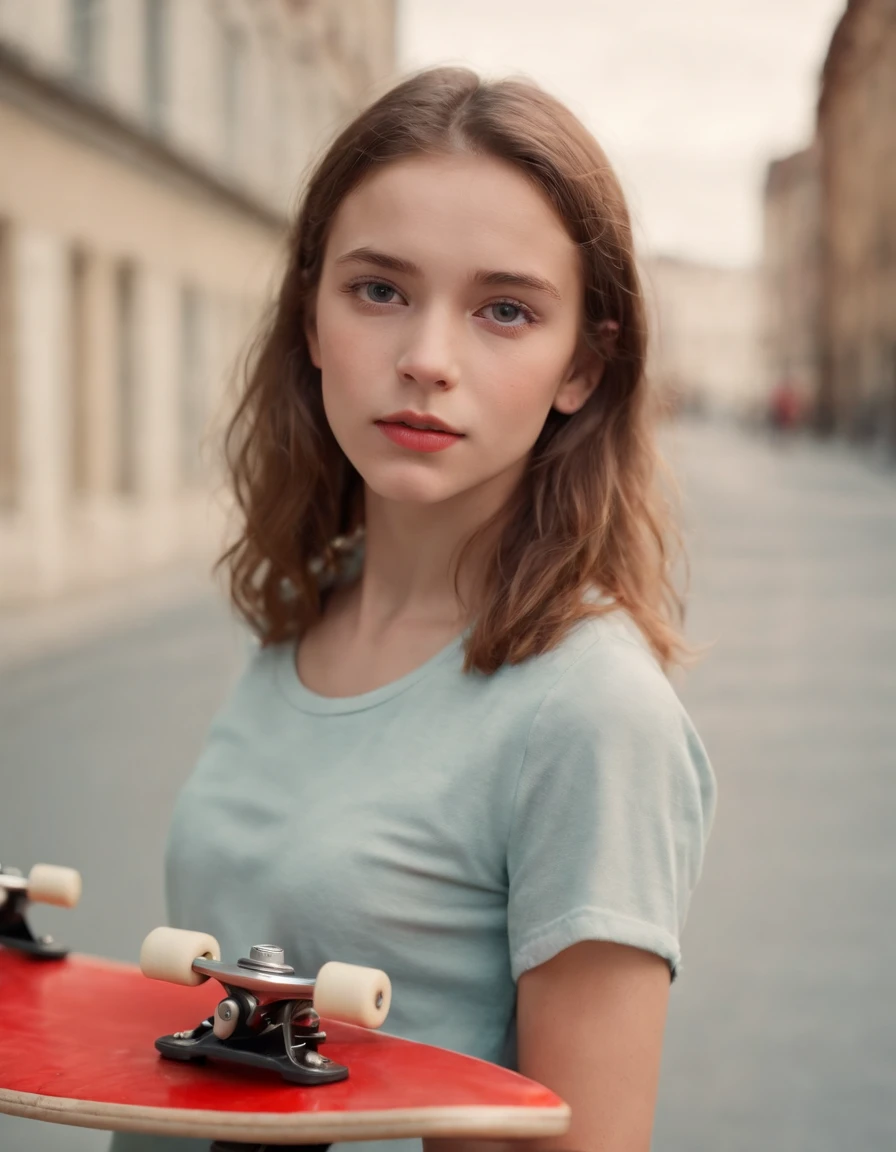 Young girl standing holding a skateboard by david bennett, in the style of close - up intensity, soviet, genderless, red, stock photo, hd, 1970–present