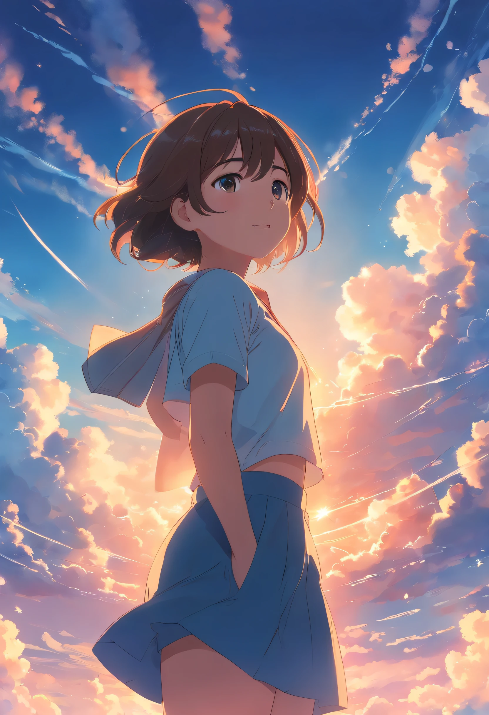 masterpiece, best quality, movie still, 1girl, cloud girl, floating in the sky, close-up, bright, happy, warm soft lighting, sunset, (sparks:0.7)