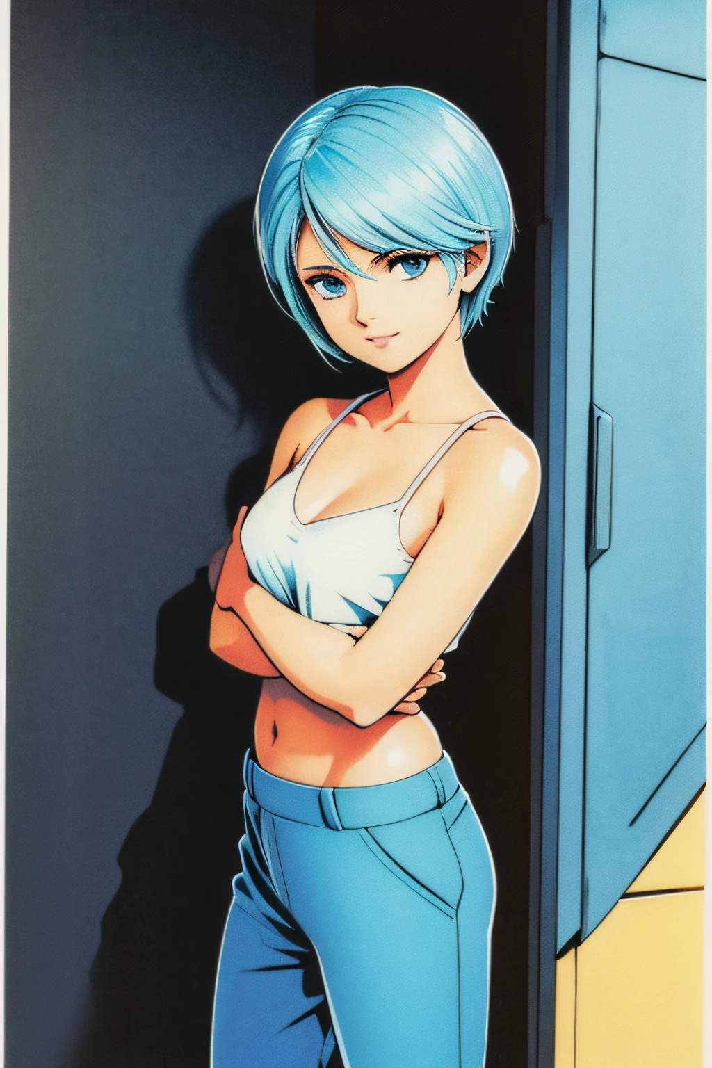 1girl, solo, short hair, blue eyes, looking at viewer, traditional media, aqua hair, collarbone, pants,
